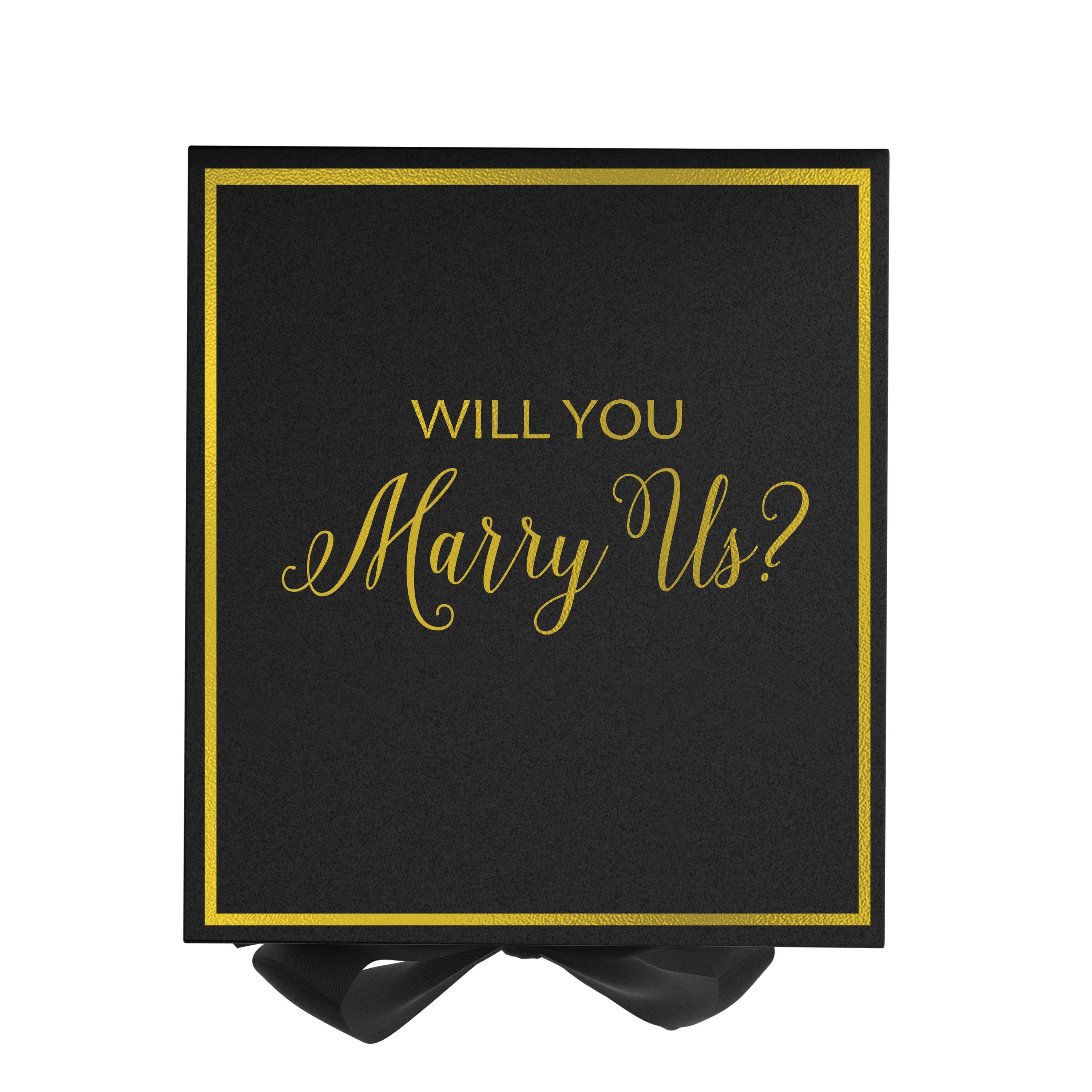 Elegant black proposal box with metallic writing and a black bow, perfect for engagement proposals.