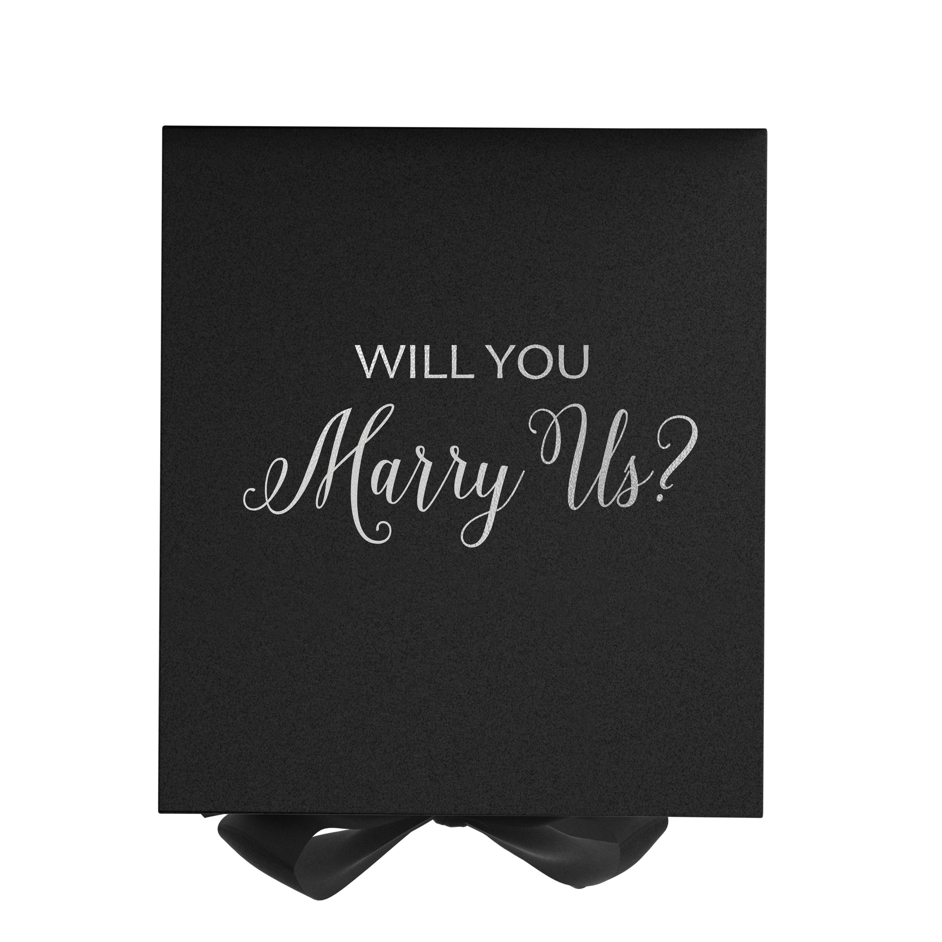 Elegant black proposal box with metallic writing, featuring a black bow and no border design.