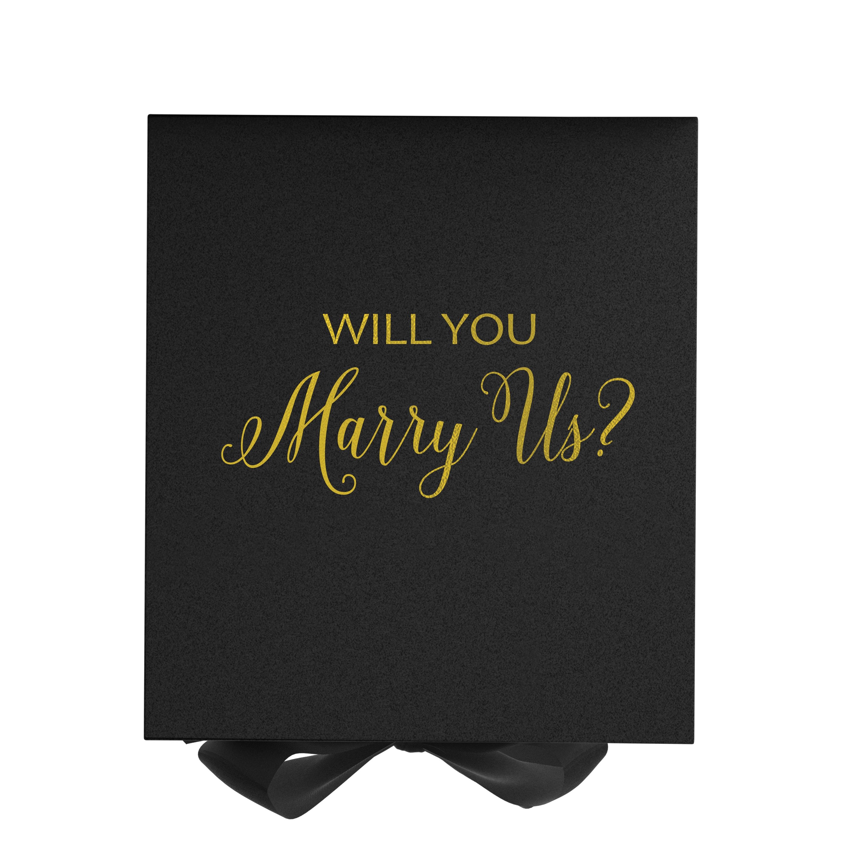 Elegant black proposal box with metallic writing, featuring a black bow and no border design.