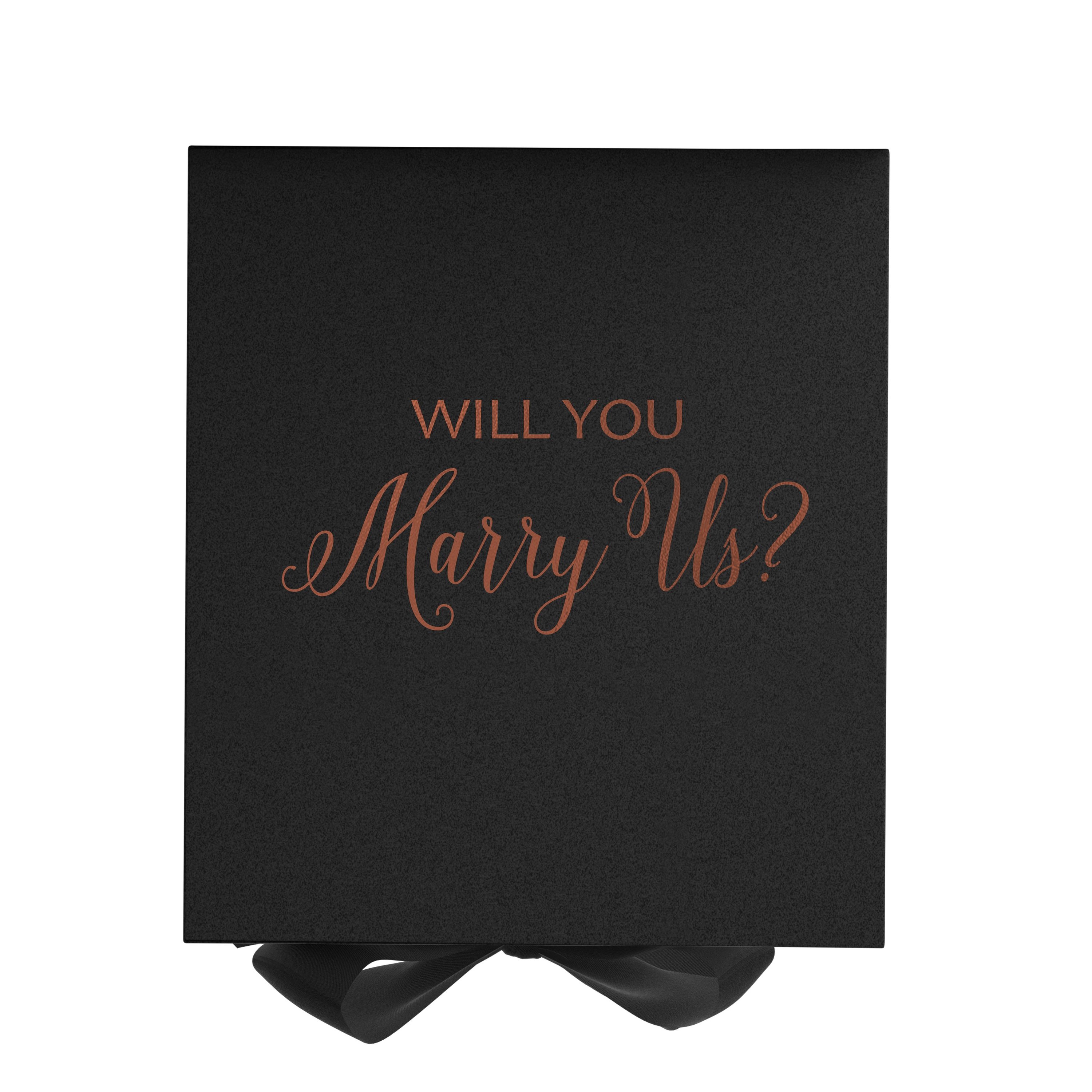 Elegant black proposal box with metallic writing, featuring a black bow and no border design.