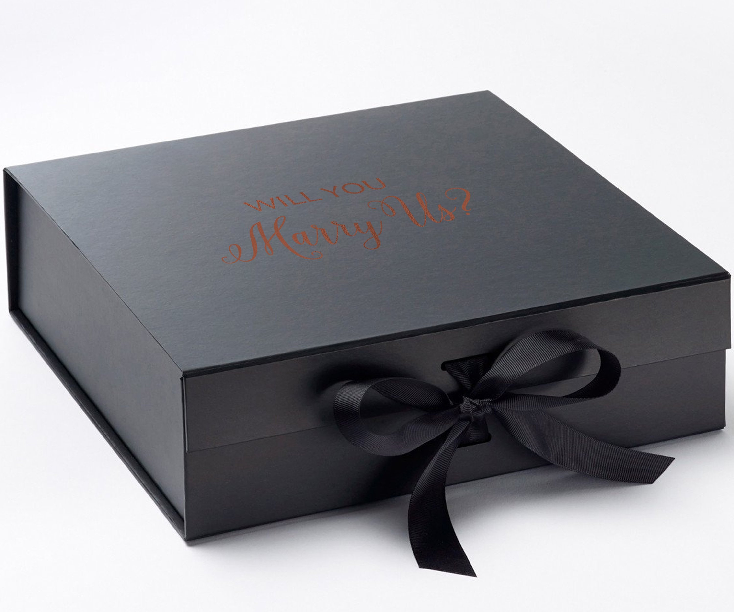 Elegant black proposal box with metallic writing, featuring a black bow and no border design.