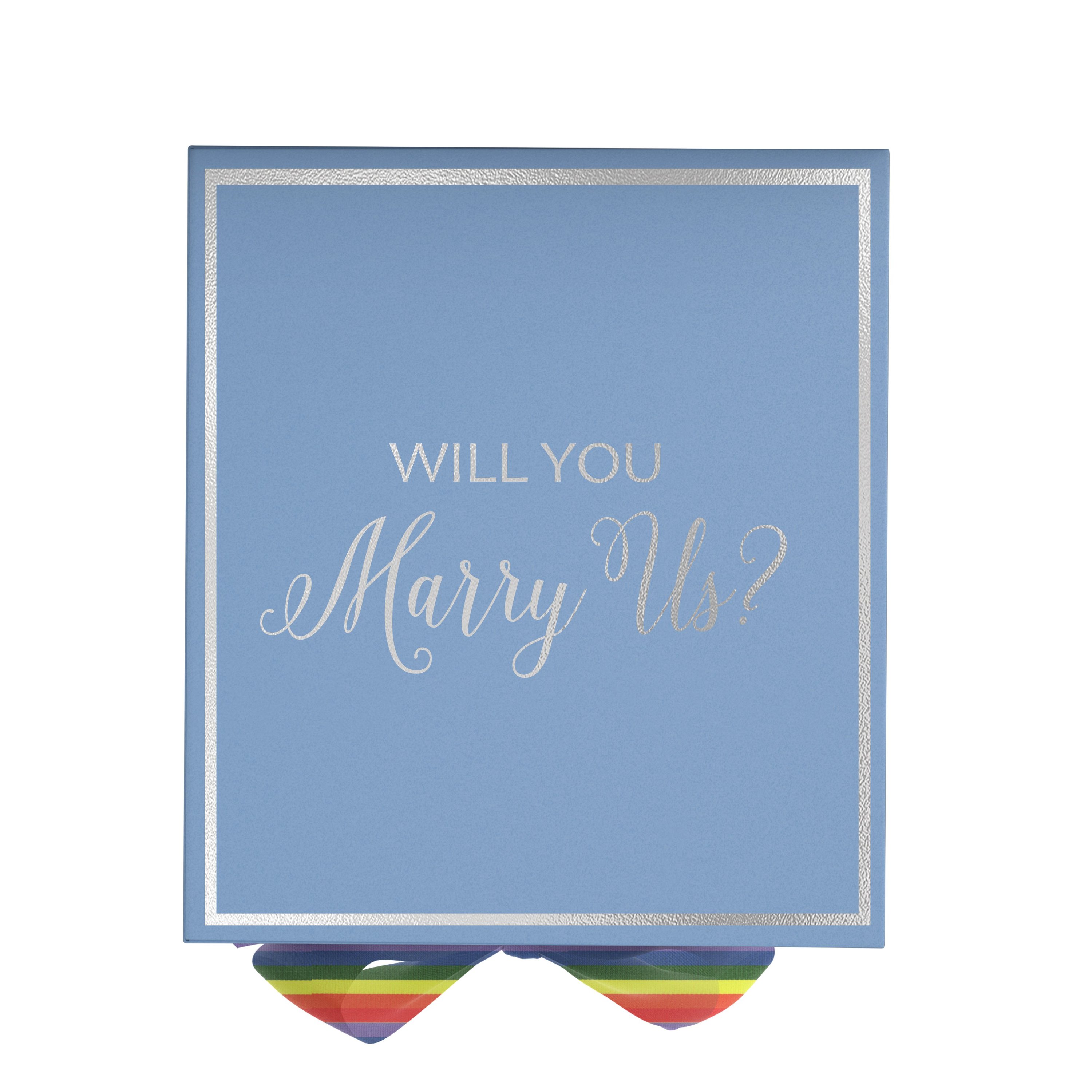 Light blue 'Will You Marry Us?' proposal box with metallic writing and rainbow ribbon, showcasing its elegant design.
