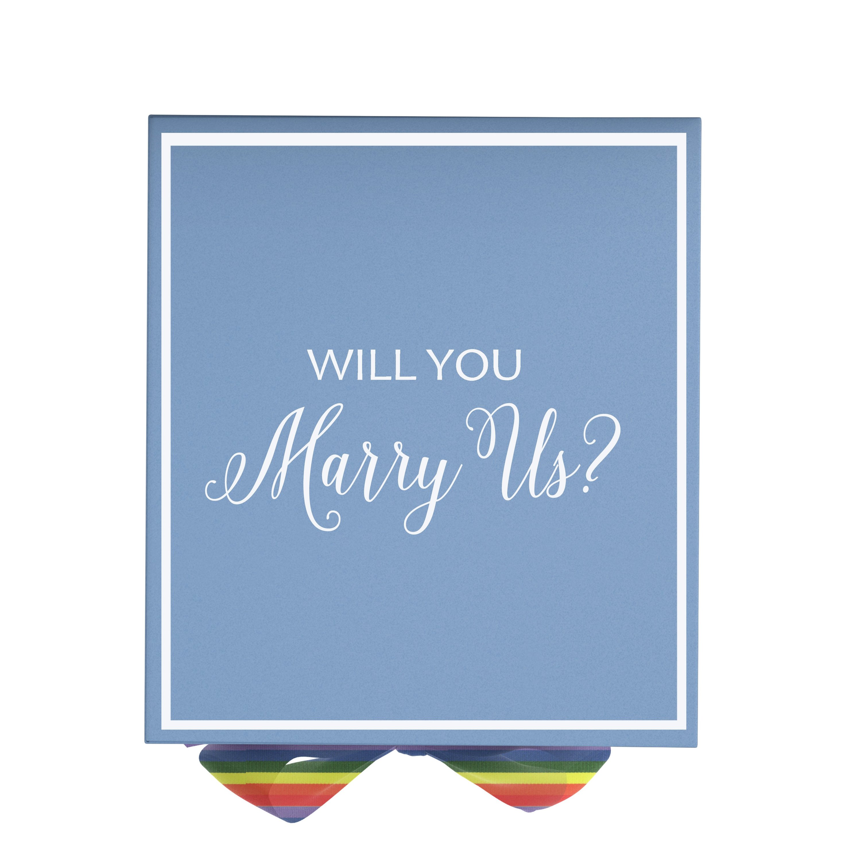 Light blue 'Will You Marry Us?' proposal box with metallic writing and rainbow ribbon, showcasing its elegant design.