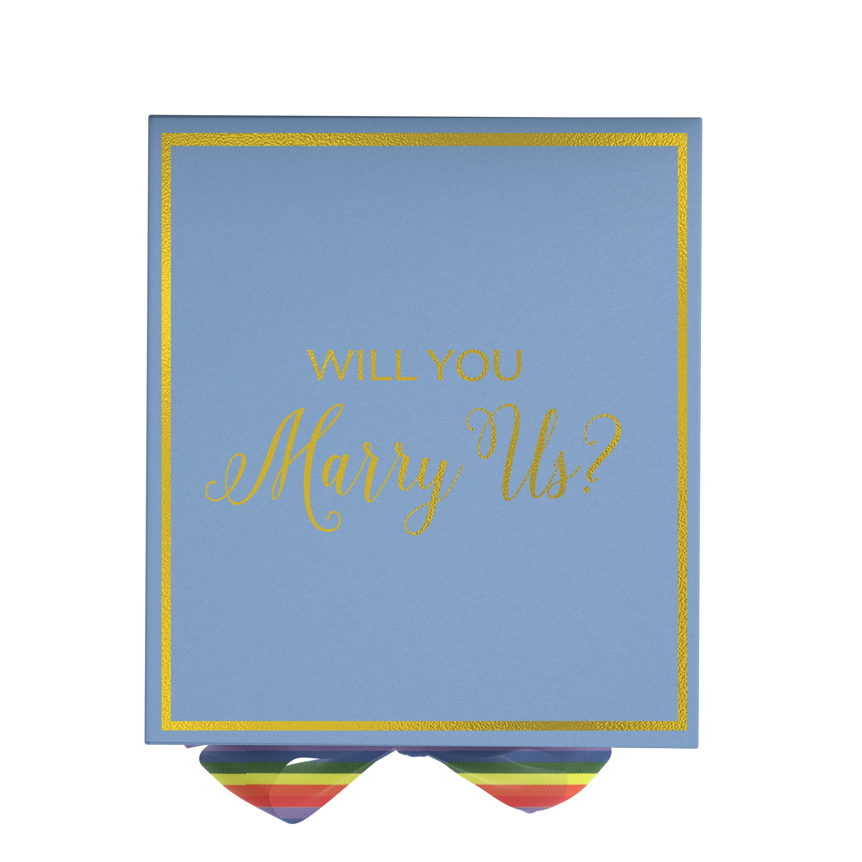 Light blue 'Will You Marry Us?' proposal box with metallic writing and rainbow ribbon, showcasing its elegant design.
