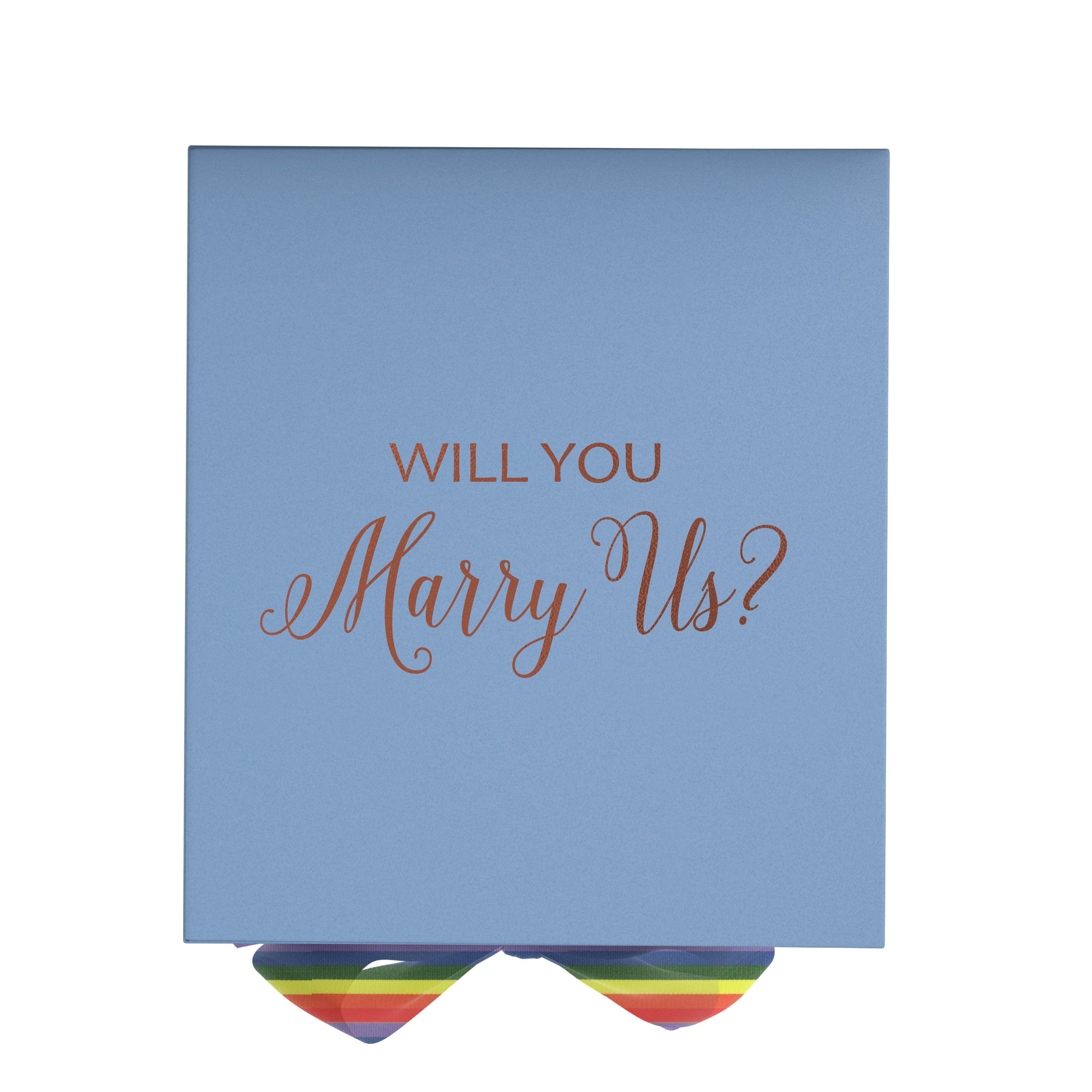 Light blue proposal box with metallic writing and a rainbow bow, showcasing its elegant design and luxurious finish.