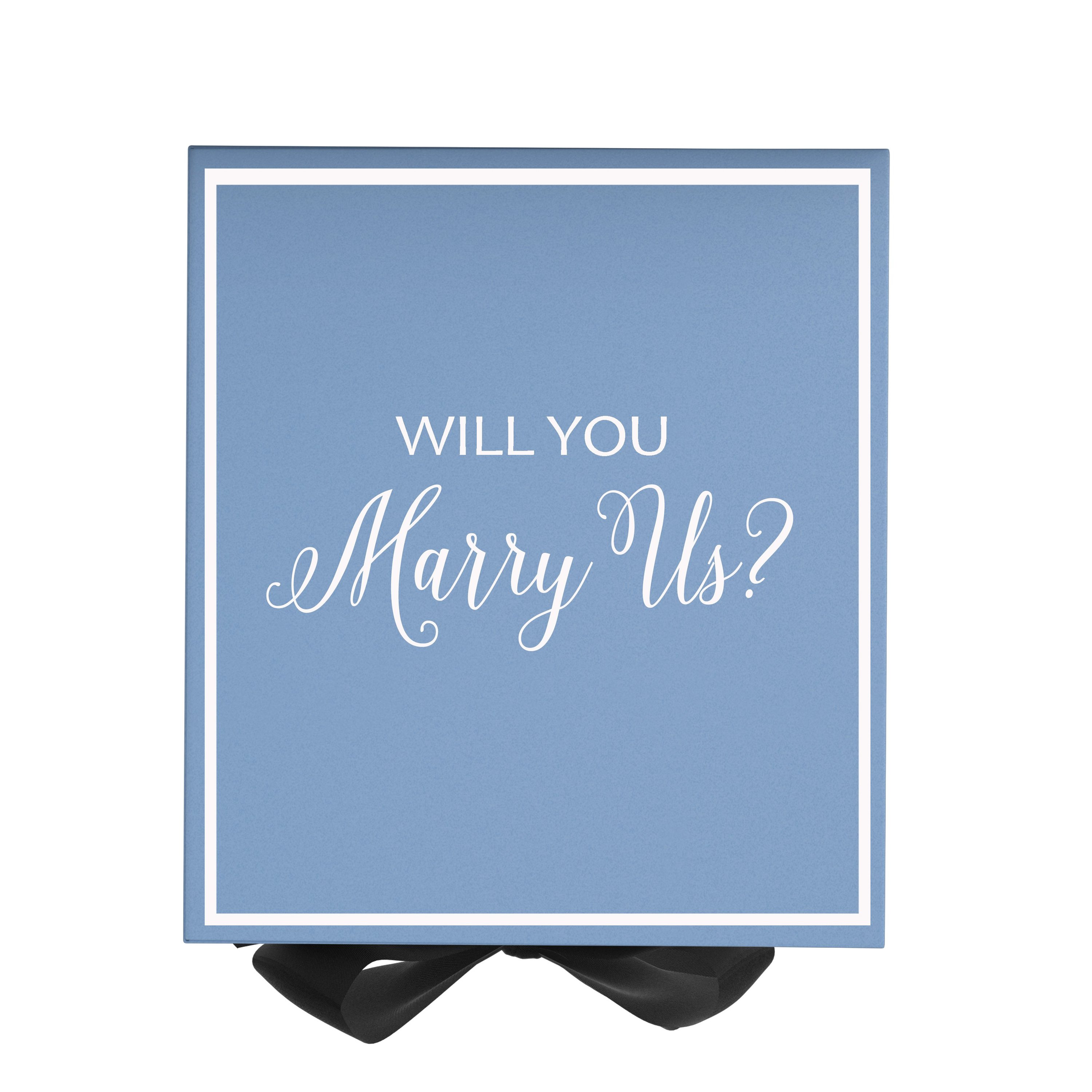 Light blue proposal box with black bow and metallic writing, elegantly designed for marriage proposals.