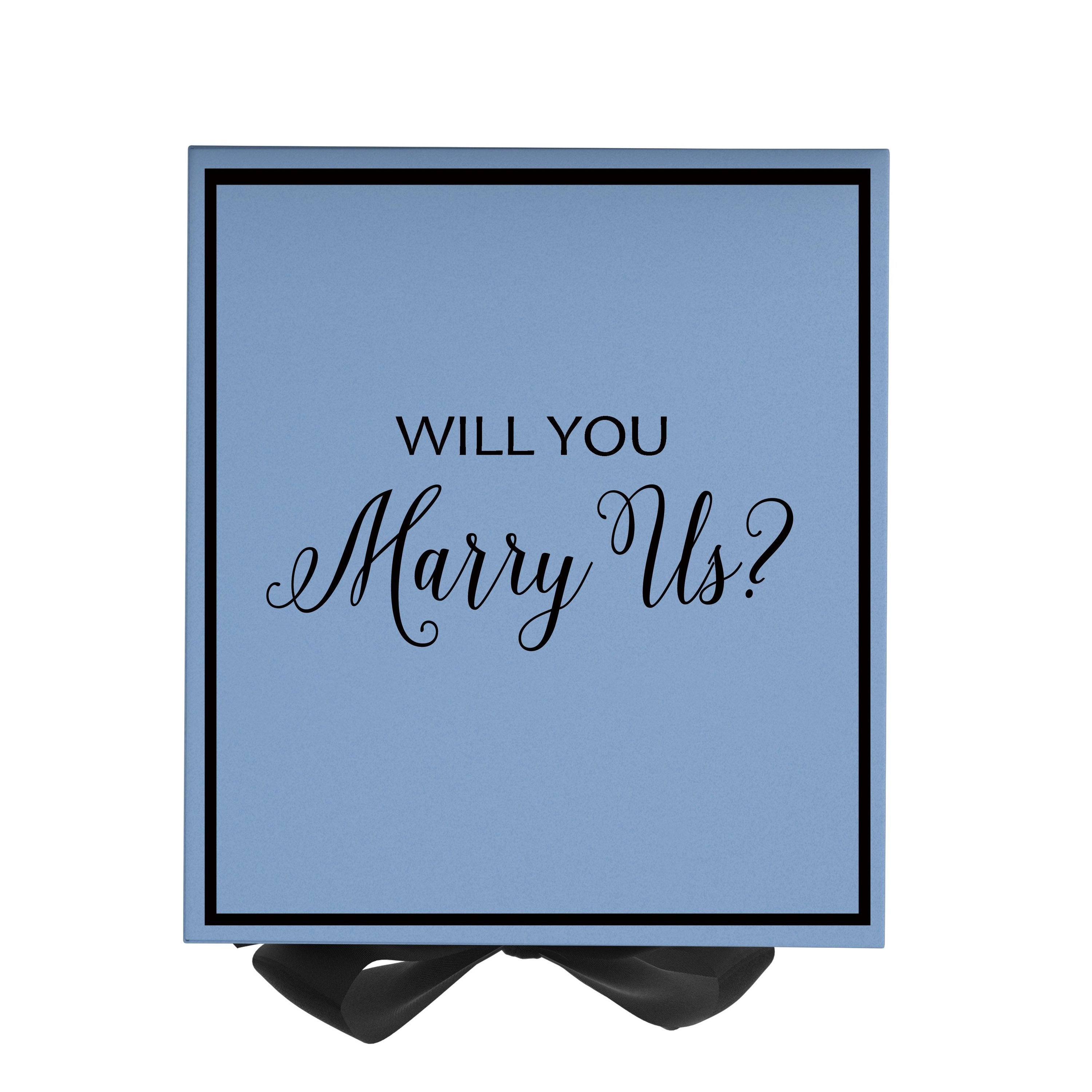 Light blue proposal box with black bow and metallic writing, elegantly designed for marriage proposals.