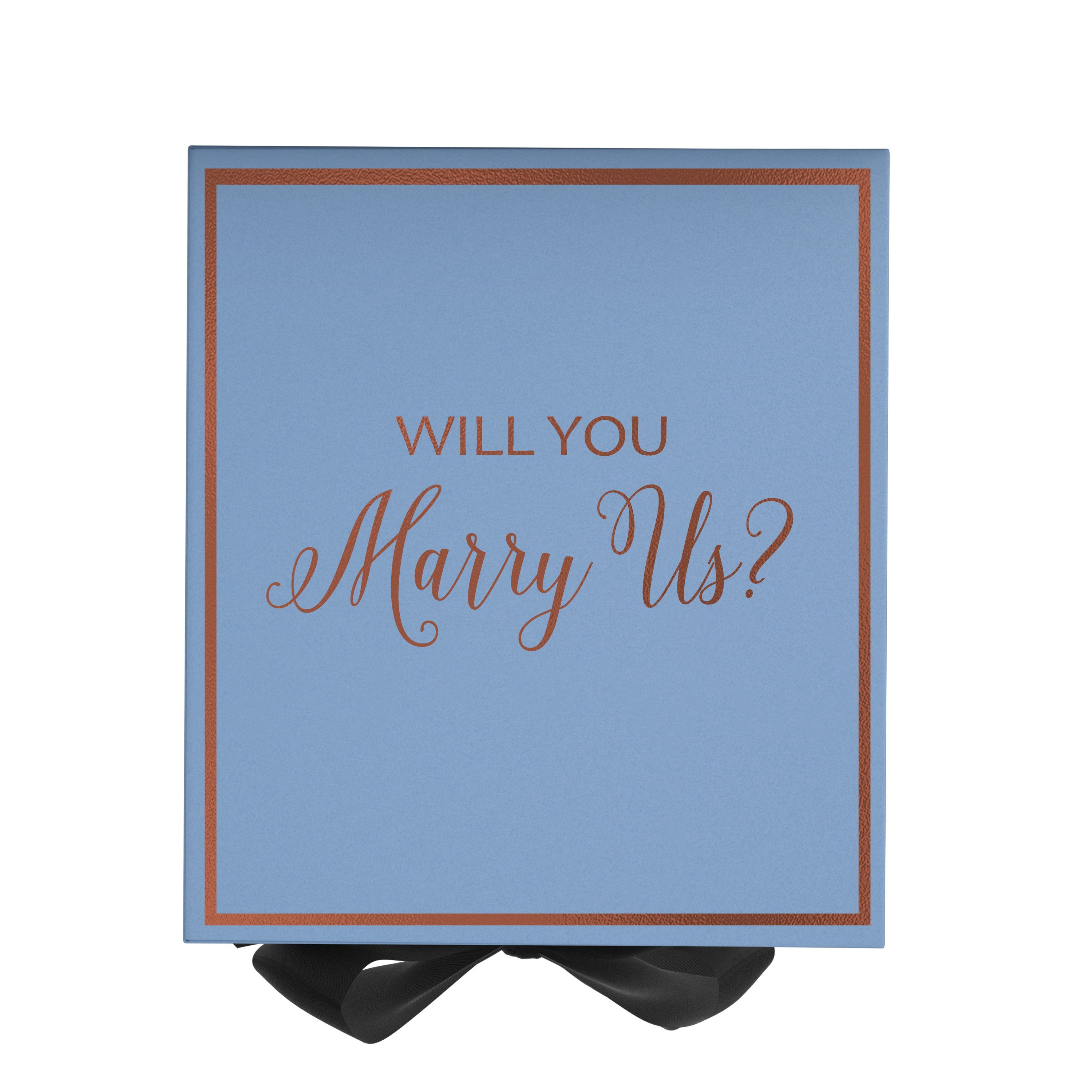 Light blue proposal box with black bow and metallic writing, elegantly designed for marriage proposals.