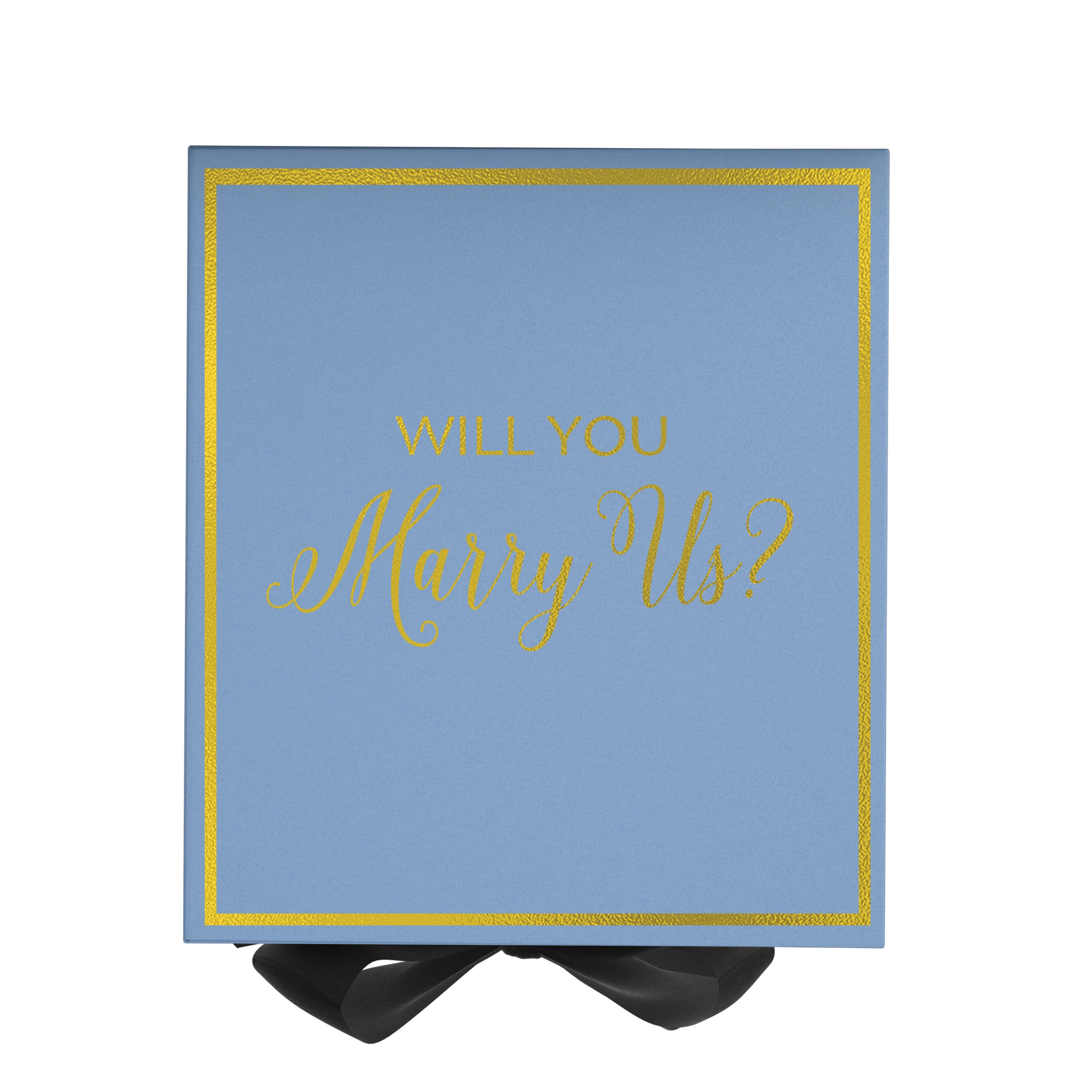 Light blue proposal box with black bow and metallic writing, elegantly designed for marriage proposals.