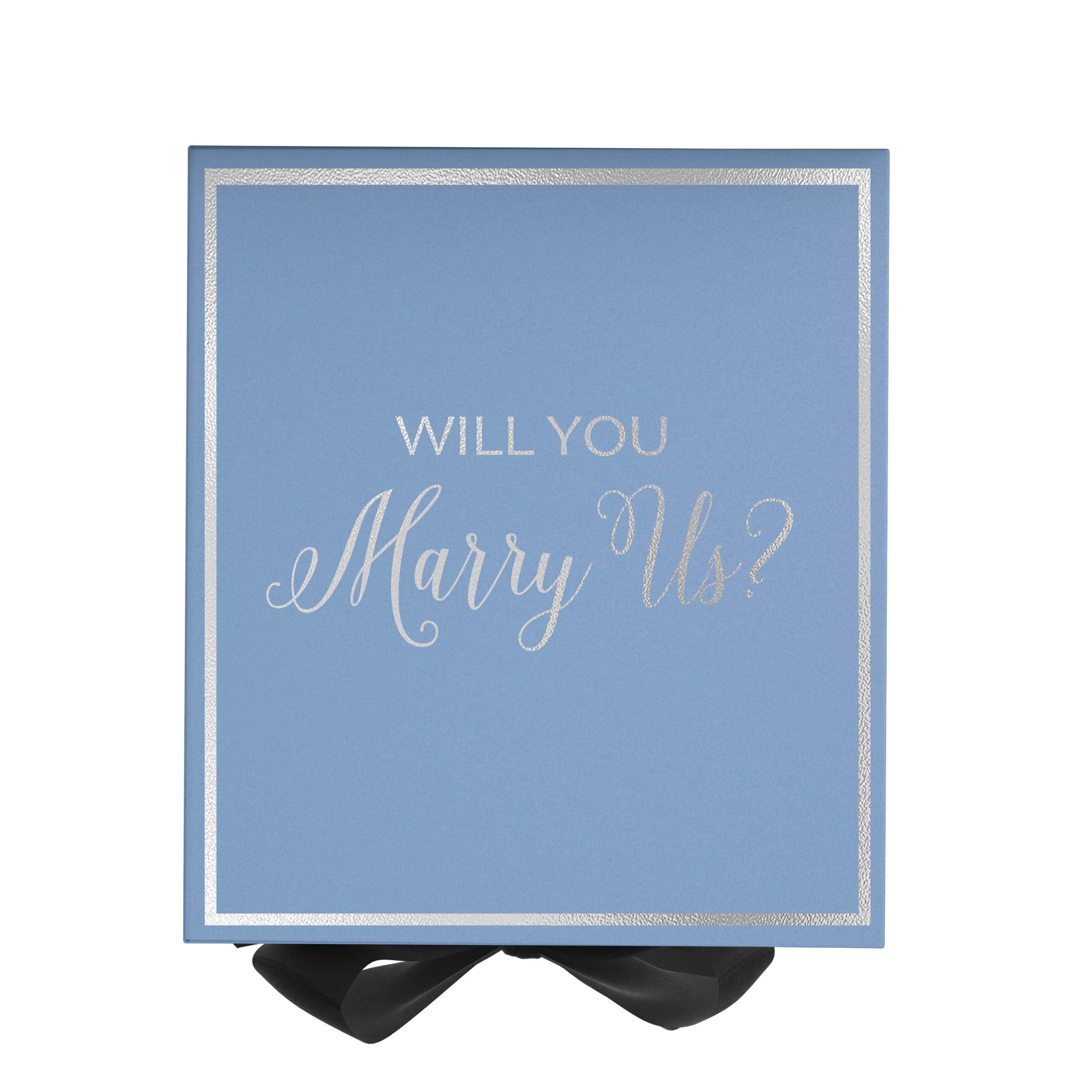 Light blue proposal box with black bow and metallic writing, elegantly designed for marriage proposals.