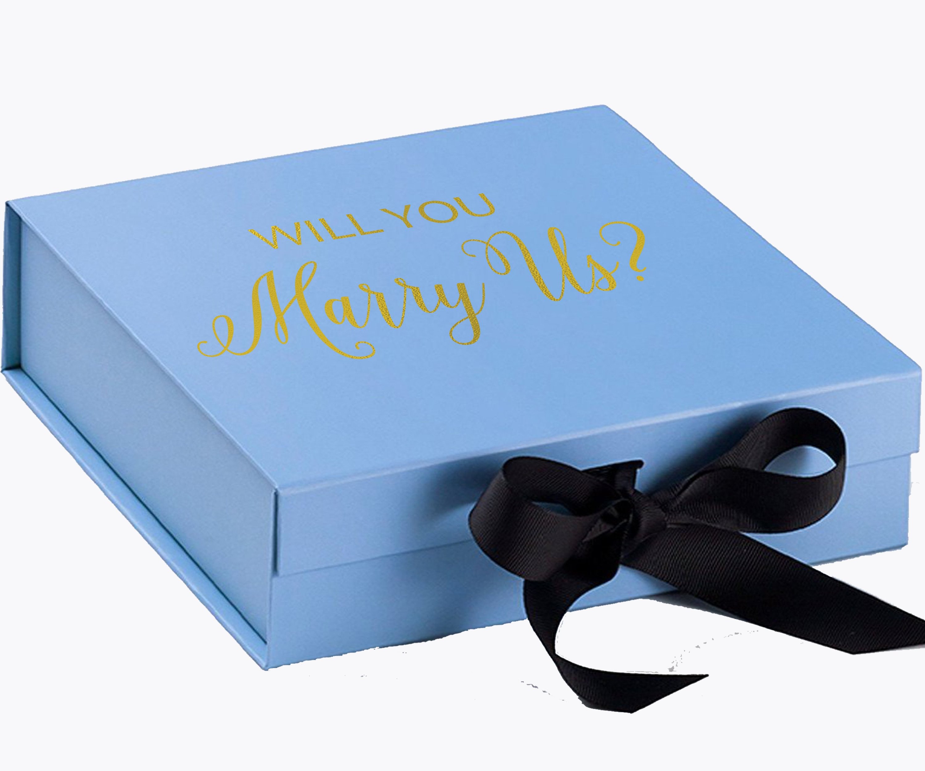Light blue proposal box with black bow, featuring metallic writing on the lid, perfect for marriage proposals.