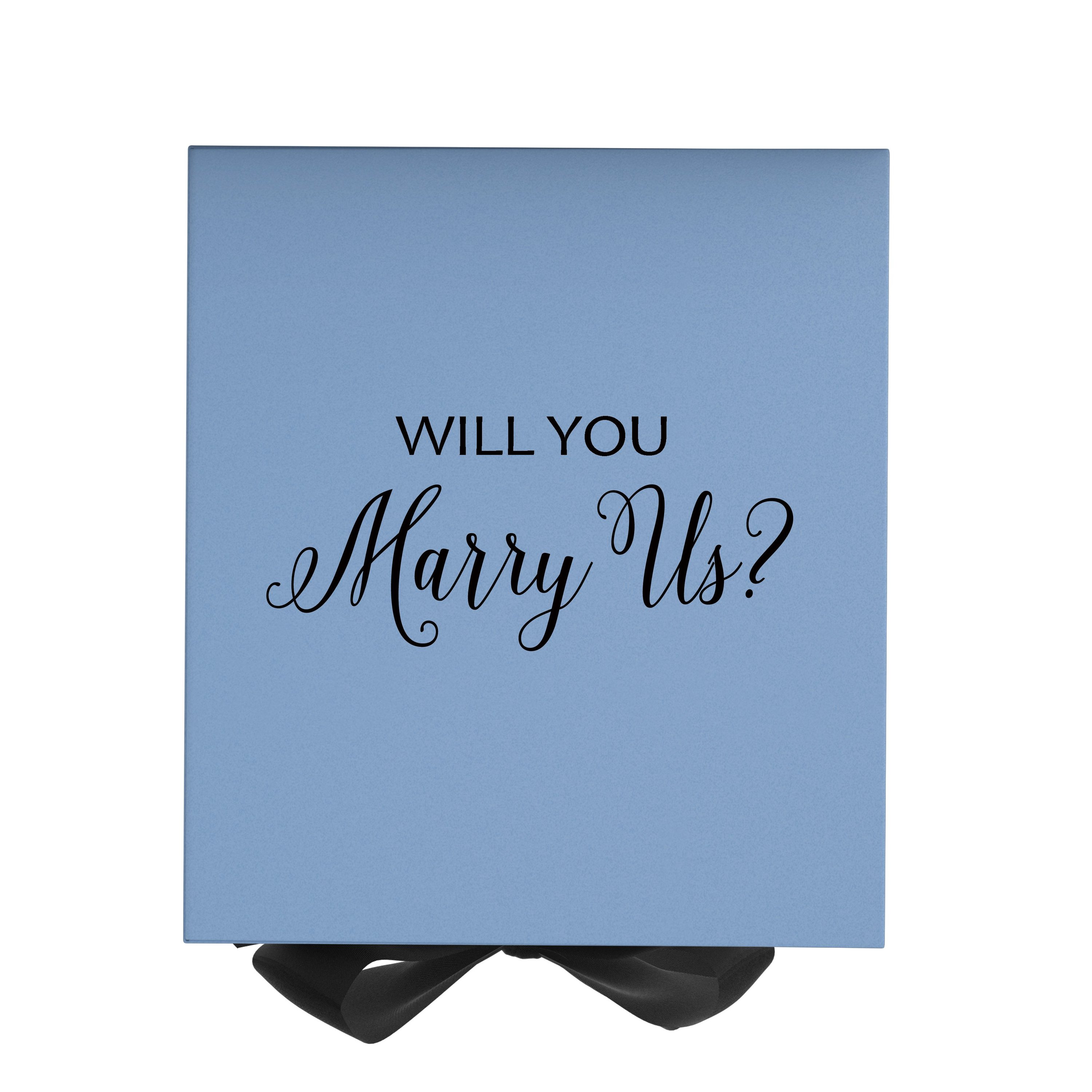 Light blue proposal box with black bow, featuring metallic writing on the lid, perfect for marriage proposals.