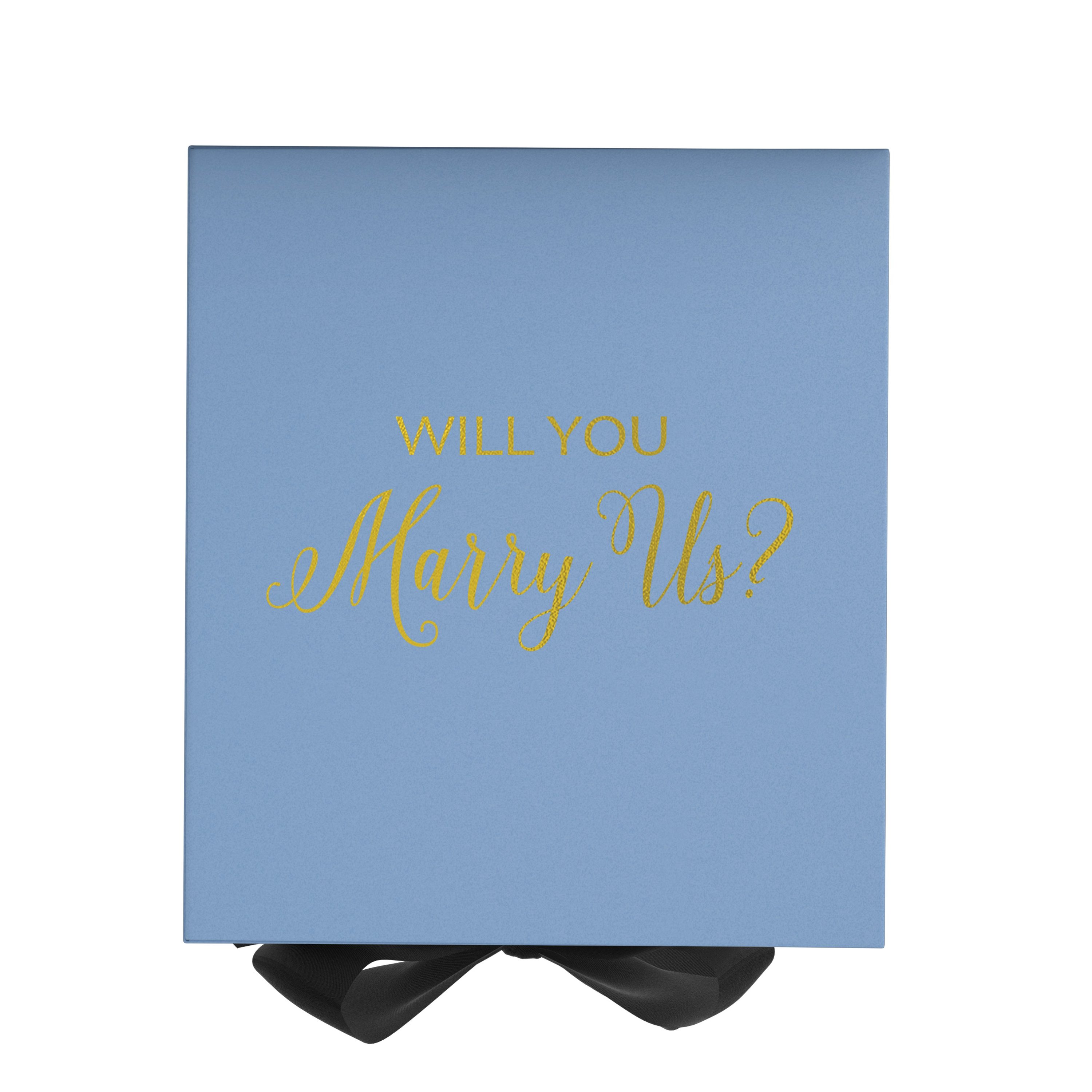 Light blue proposal box with black bow, featuring metallic writing on the lid, perfect for marriage proposals.