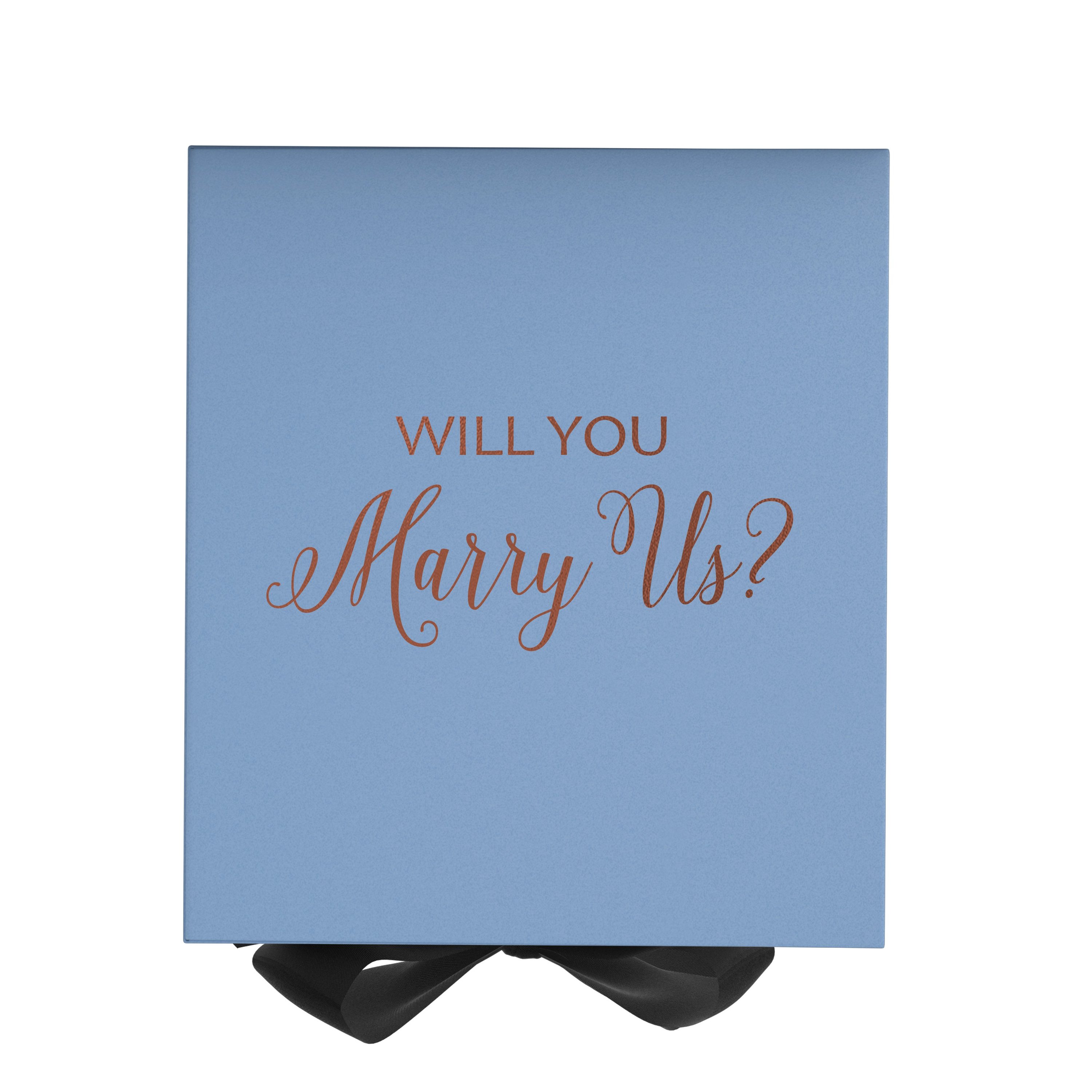 Light blue proposal box with black bow, featuring metallic writing on the lid, perfect for marriage proposals.