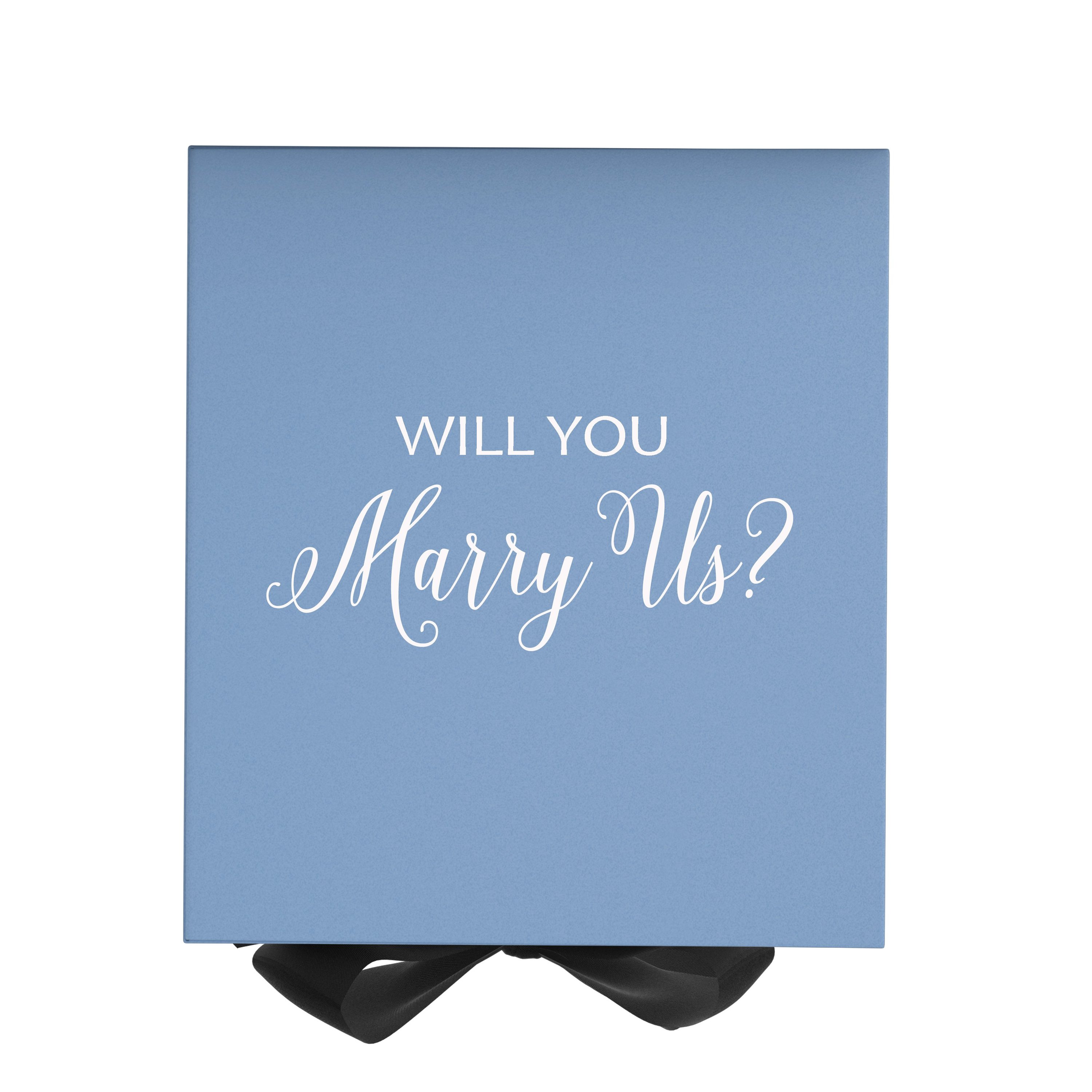 Light blue proposal box with black bow, featuring metallic writing on the lid, perfect for marriage proposals.