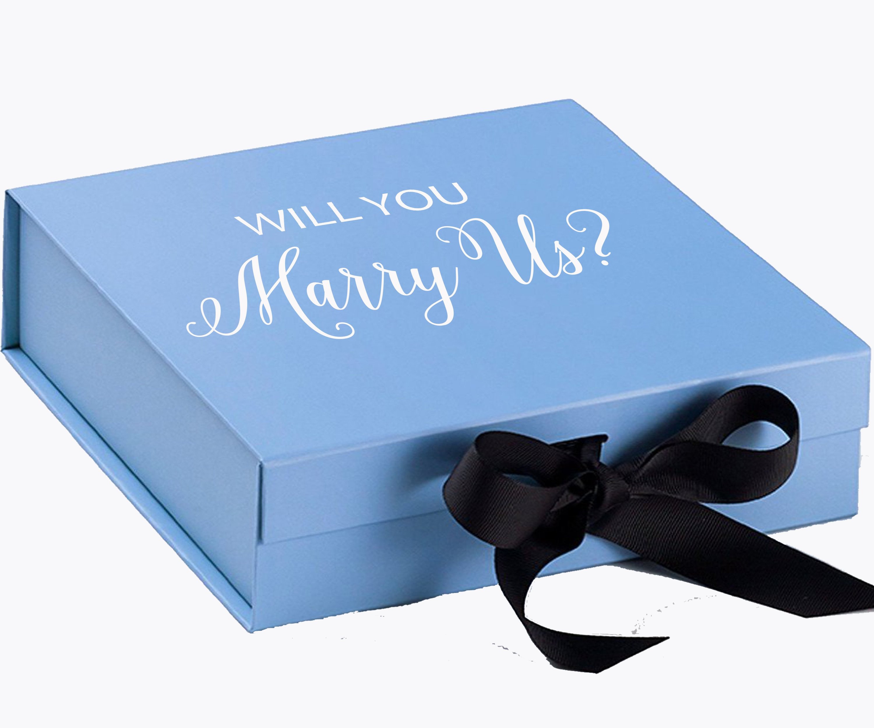 Light blue proposal box with black bow, featuring metallic writing on the lid, perfect for marriage proposals.