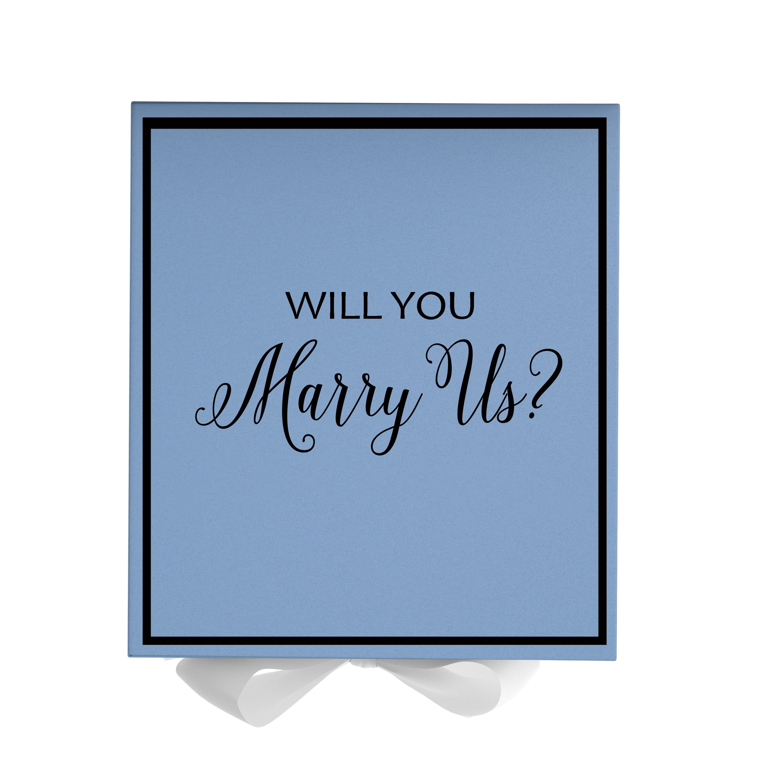 Light blue proposal box with white bow and metallic writing, perfect for engagement gifts.
