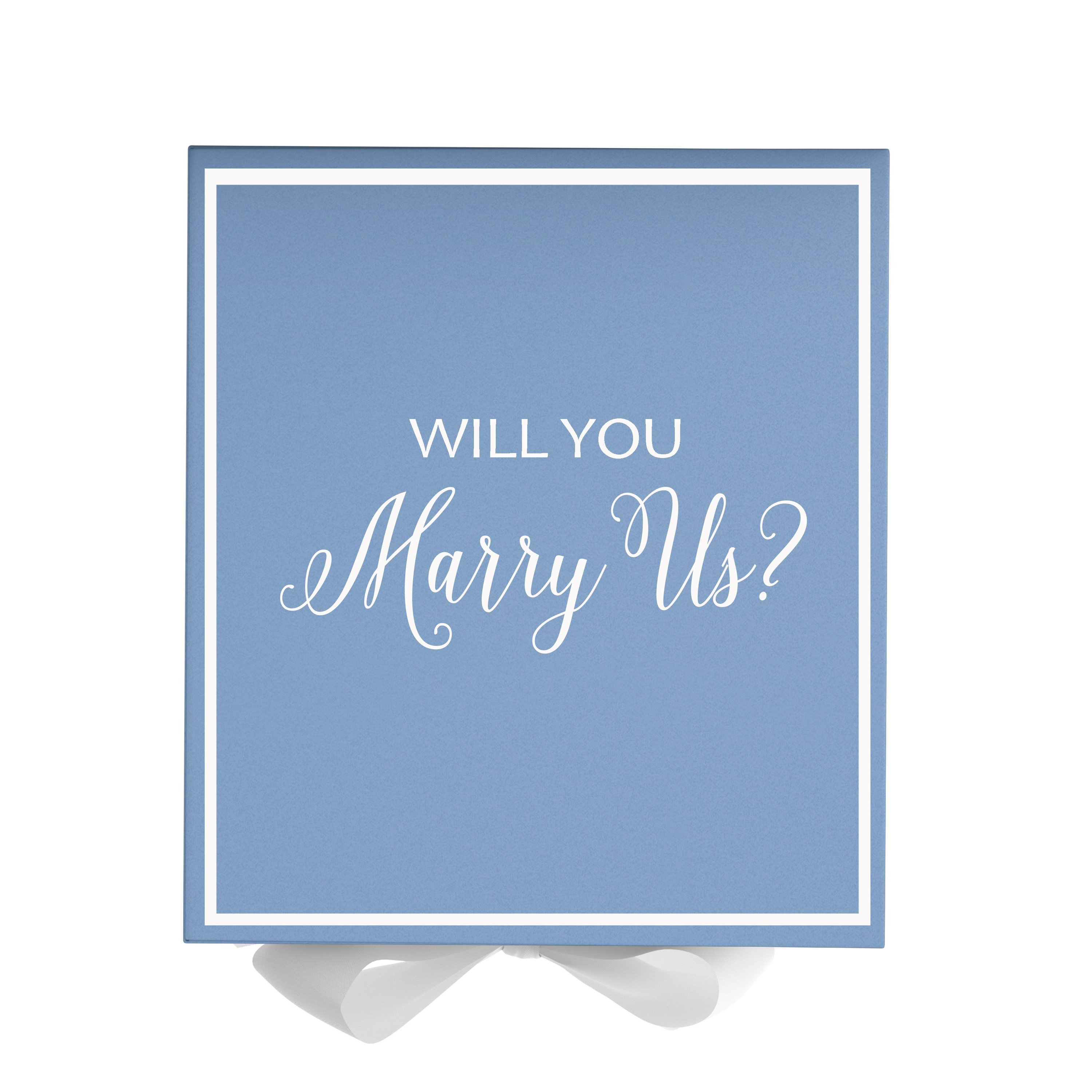 Light blue proposal box with white bow and metallic writing, perfect for engagement gifts.