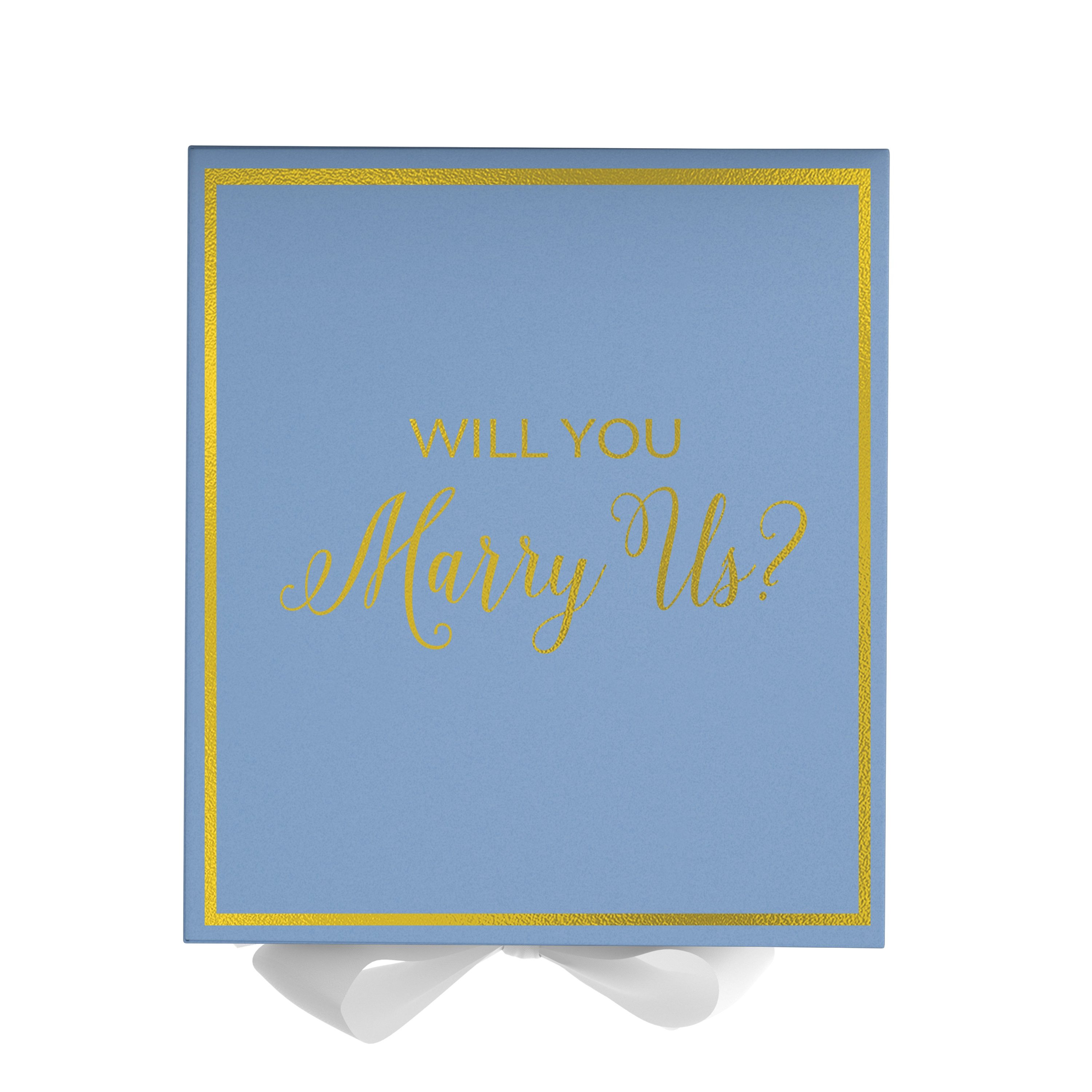Light blue proposal box with white bow and metallic writing, perfect for engagement gifts.
