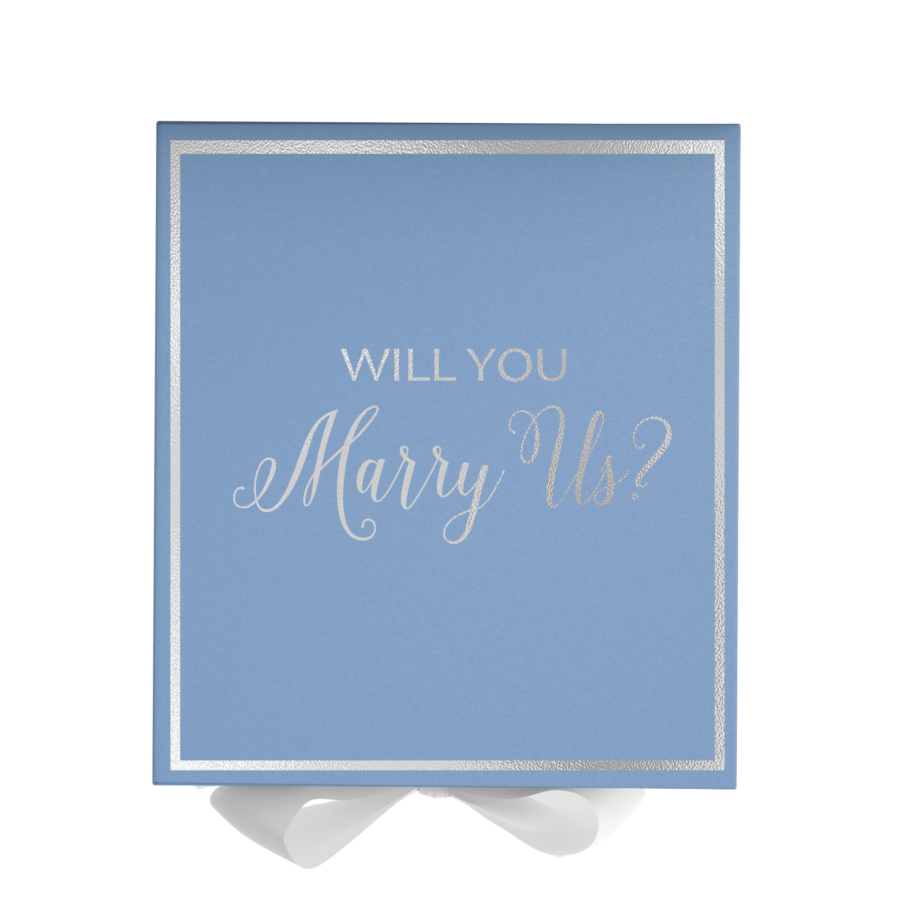 Light blue proposal box with white bow and metallic writing, perfect for engagement gifts.