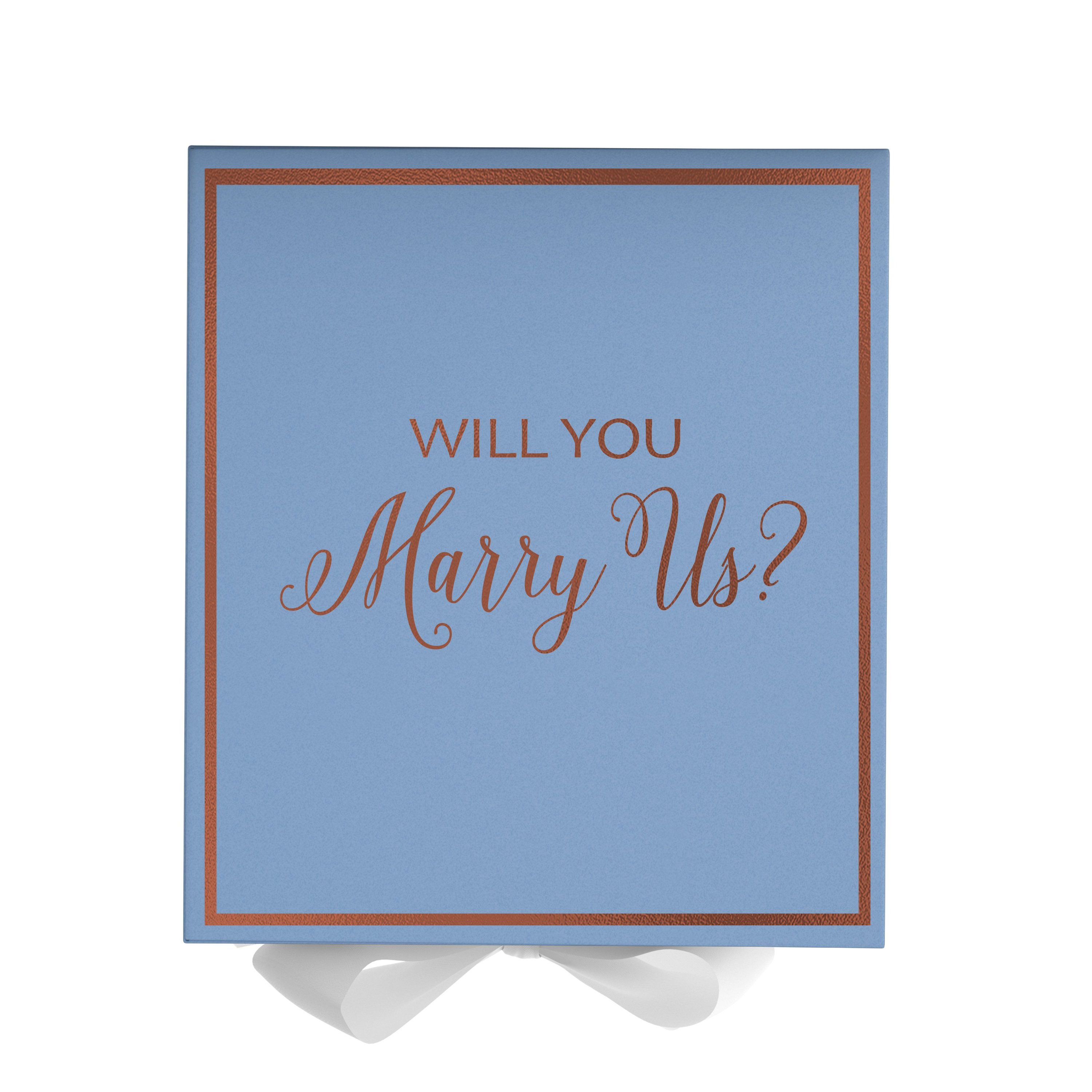 Light blue proposal box with white bow and metallic writing, perfect for engagement gifts.