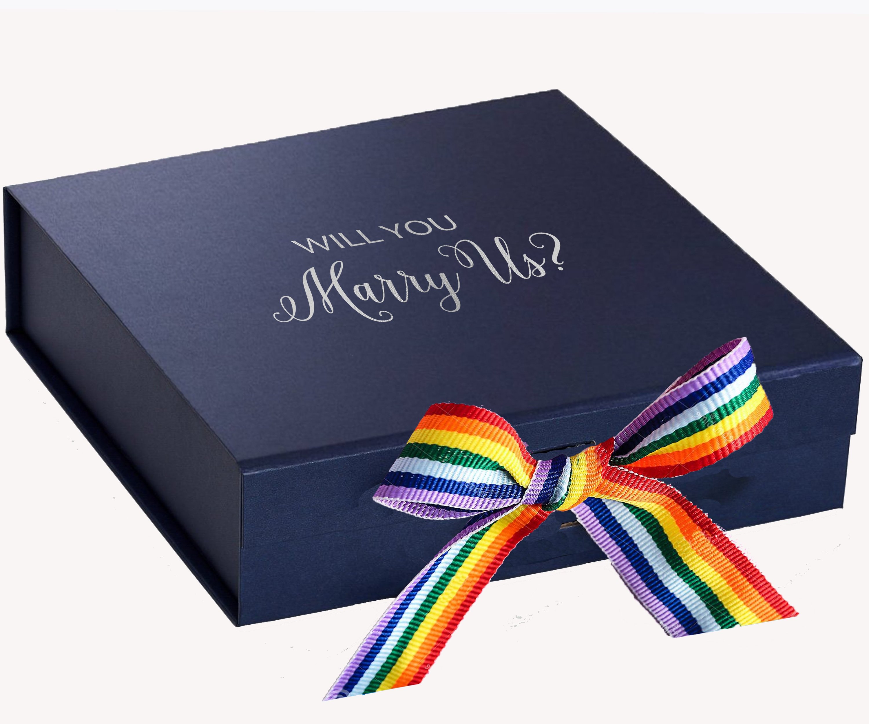 Navy proposal box with metallic writing and rainbow ribbon bow, showcasing its elegant design and luxurious finish.
