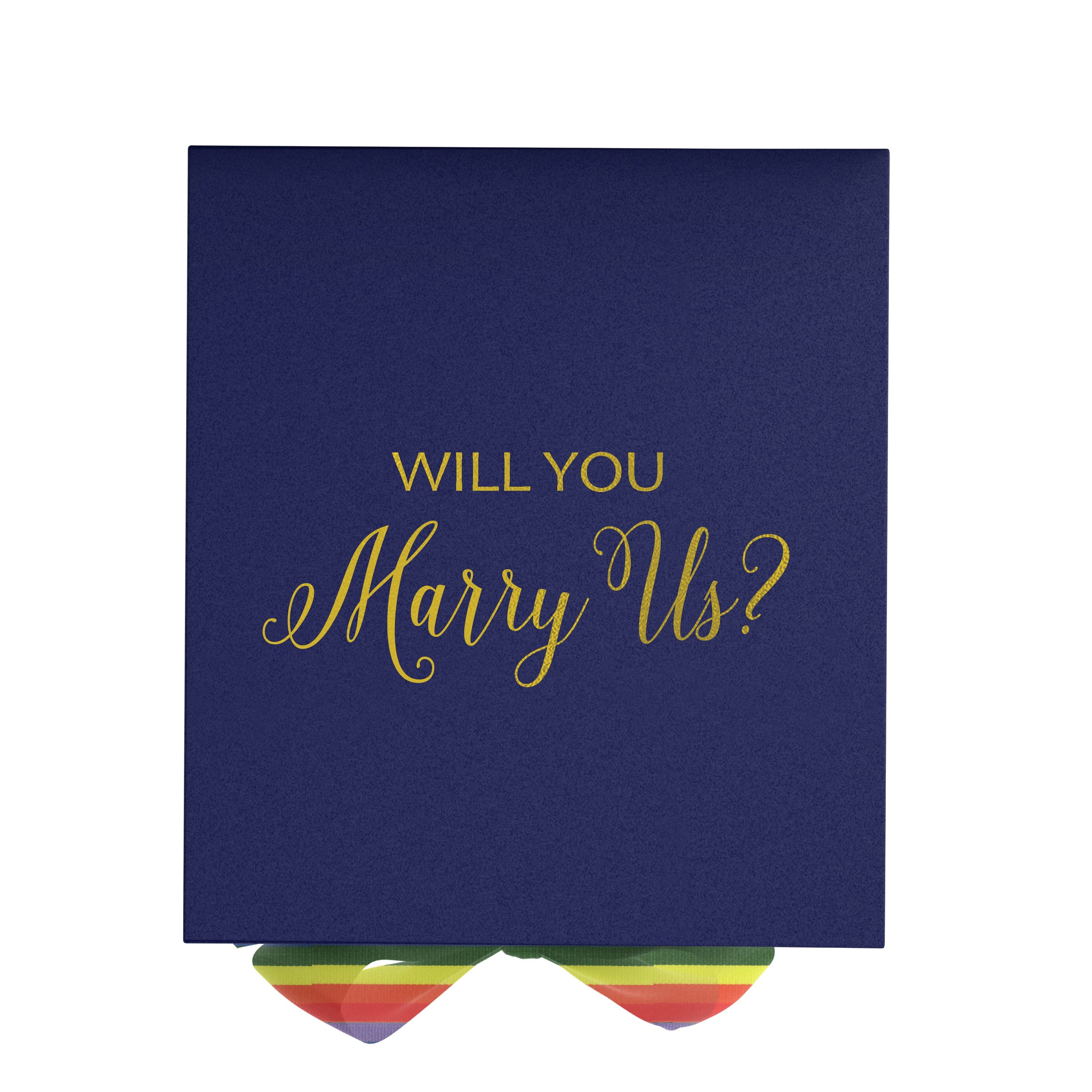 Navy proposal box with metallic writing and rainbow ribbon bow, showcasing its elegant design and luxurious finish.