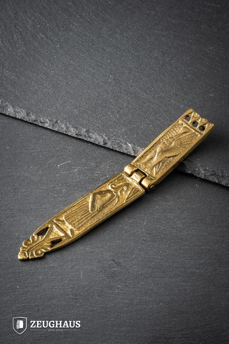 15th Century Brass Strap End designed for straps up to 18 mm, showcasing intricate detailing and historical authenticity.
