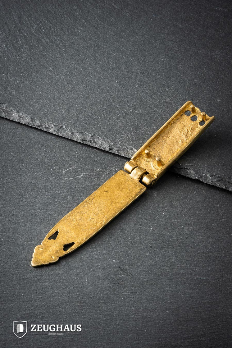 15th Century Brass Strap End designed for straps up to 18 mm, showcasing intricate detailing and historical authenticity.