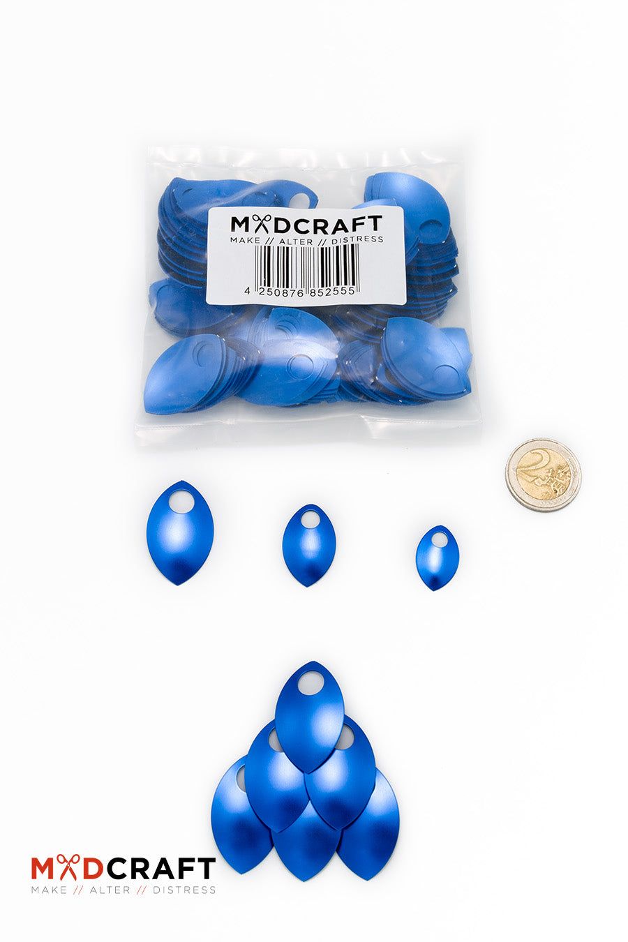 A pack of blue aluminum scales, perfect for armor customization, showcasing their vibrant color and lightweight design.