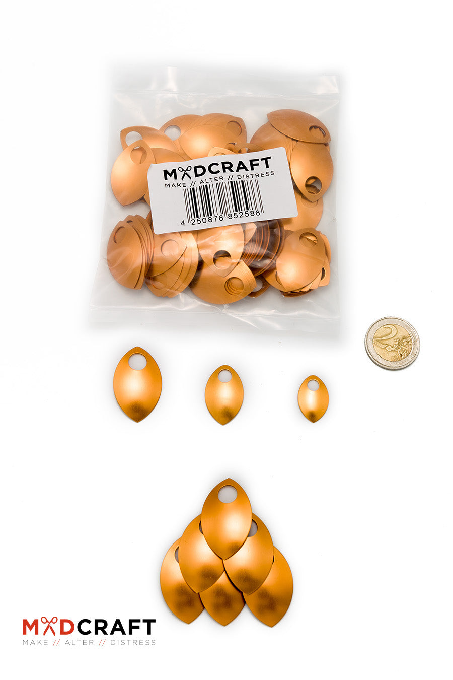 A pack of 100 bronze aluminum scales for armor customization, showcasing their lightweight and durable design.