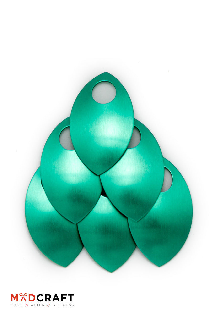 A collection of green aluminum scales, perfect for armor customization and crafting accessories, showcasing their vibrant color and lightweight design.