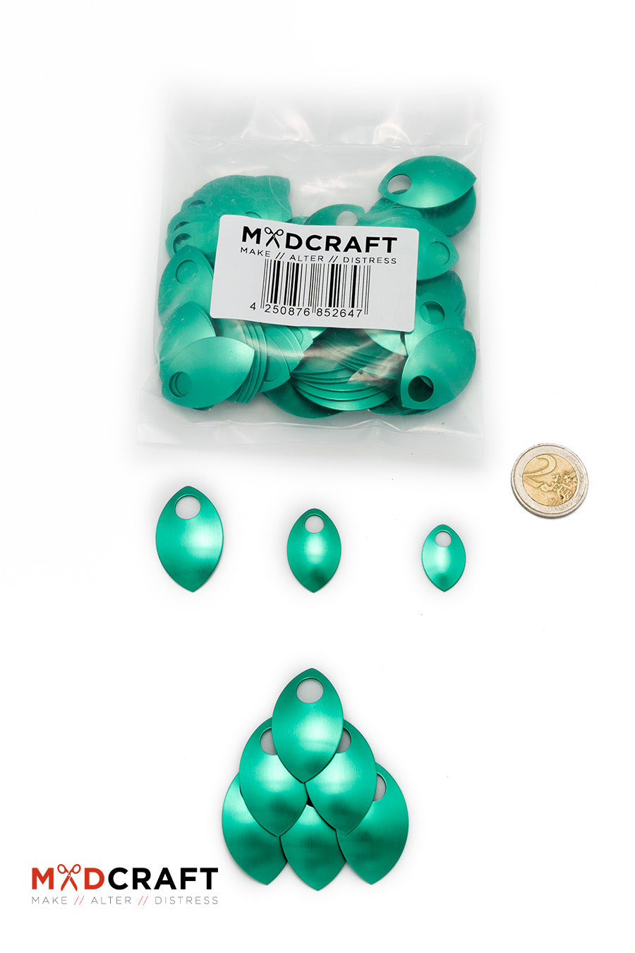 A collection of green aluminum scales, perfect for armor customization and crafting accessories, showcasing their vibrant color and lightweight design.