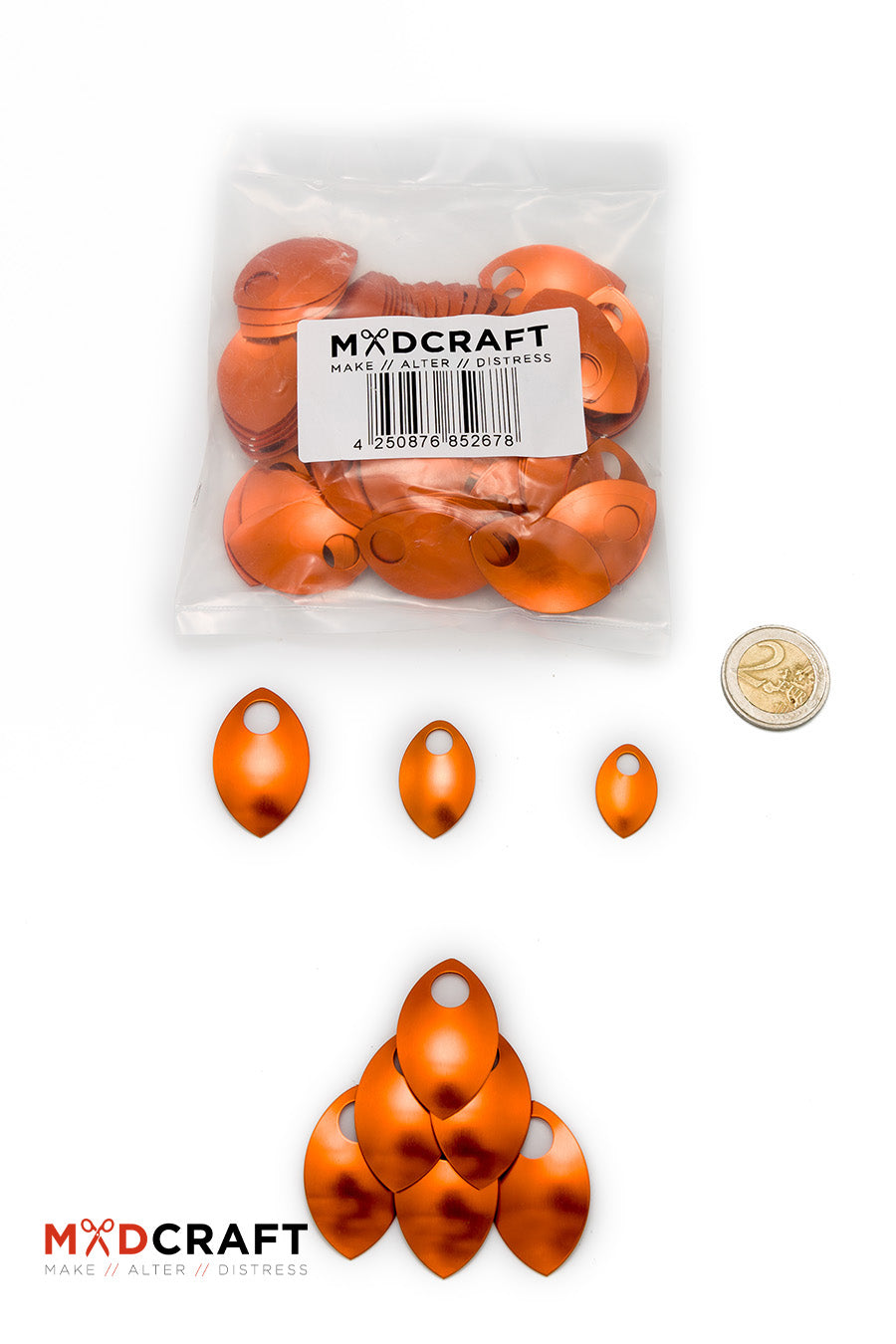 A collection of vibrant orange aluminum scales, perfect for armor customization and crafting unique accessories, showcasing their lightweight and durable design.