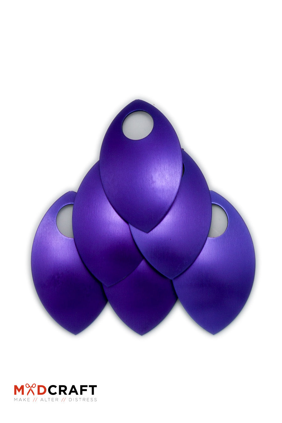A pack of 100 purple aluminum scales for armor customization, showcasing their vibrant color and lightweight design.