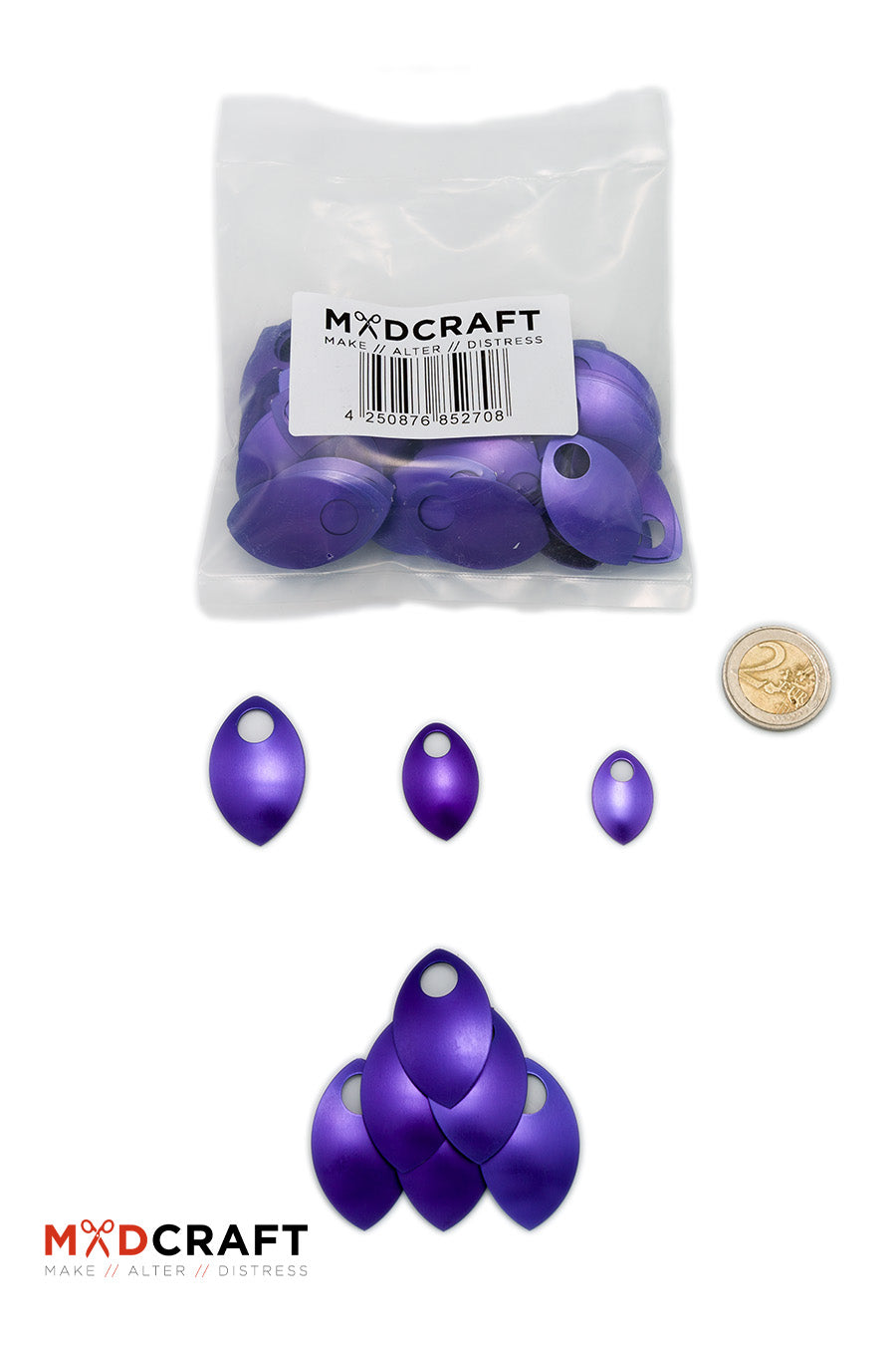 A pack of 100 purple aluminum scales for armor customization, showcasing their vibrant color and lightweight design.