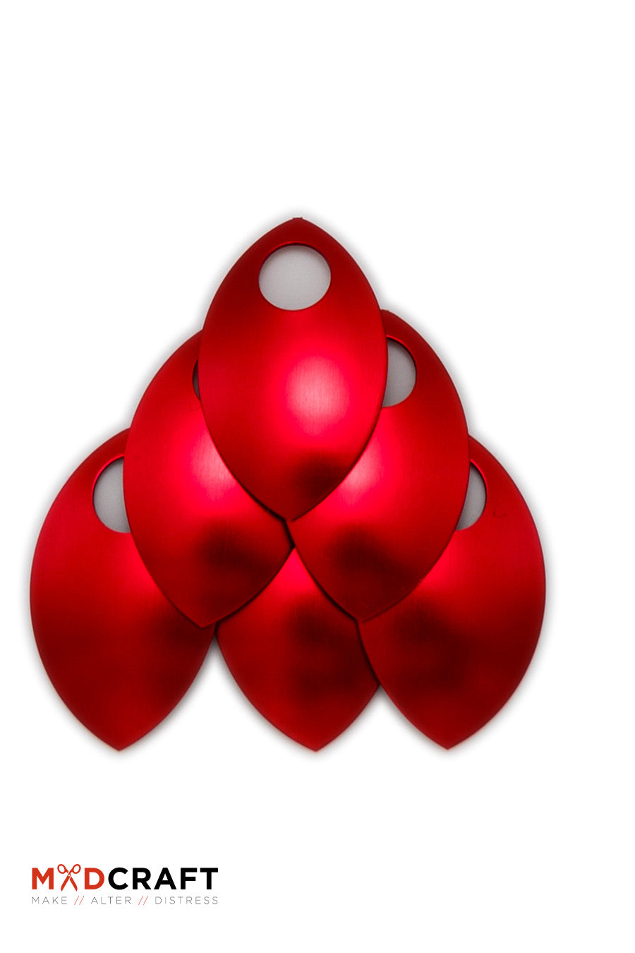 A collection of red aluminum scales, lightweight and perfect for armor customization, showcasing their vibrant color and smooth edges.