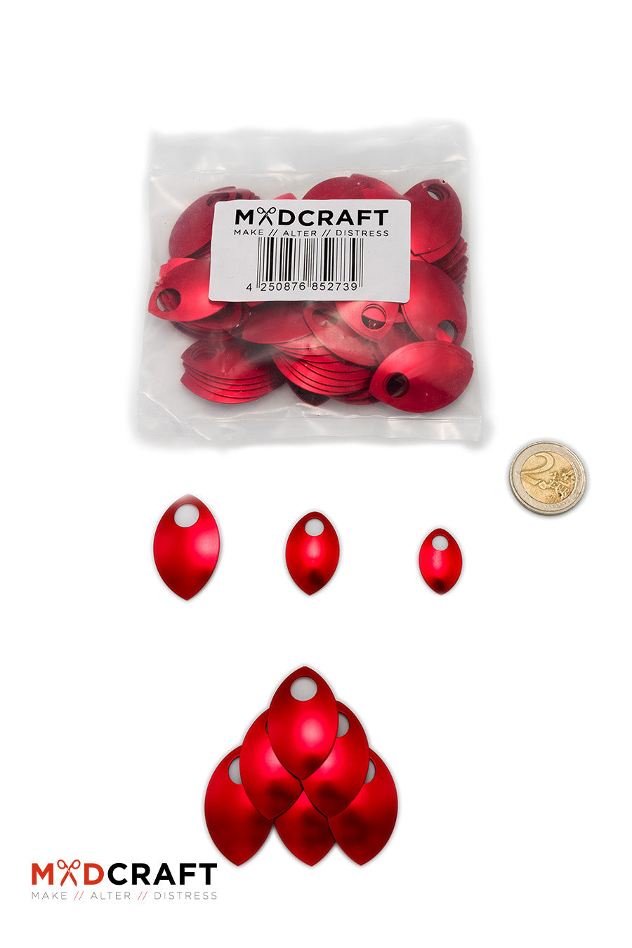 A collection of red aluminum scales, lightweight and perfect for armor customization, showcasing their vibrant color and smooth edges.