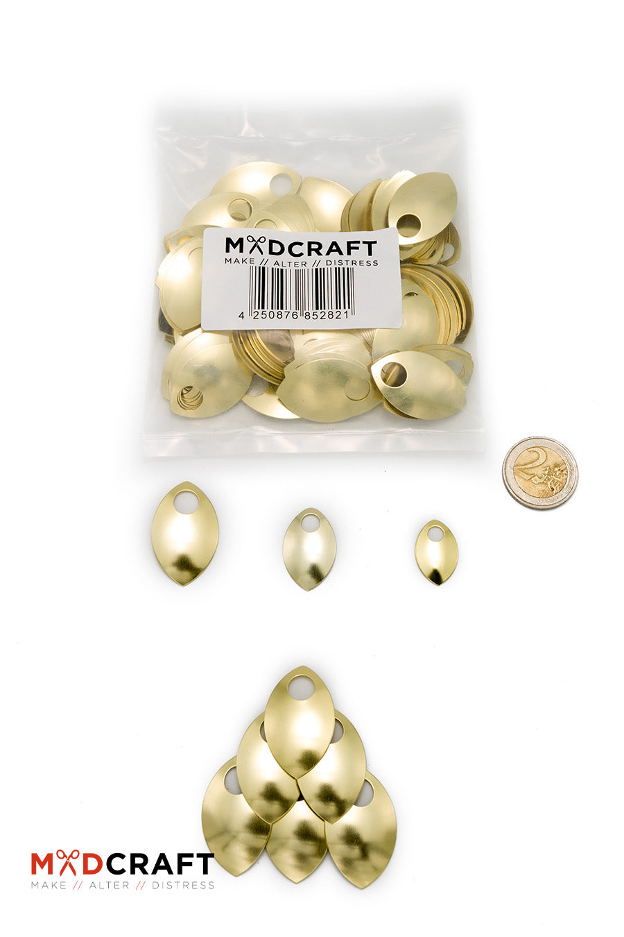 A collection of shiny gold aluminium scales, perfect for armor customization and crafting unique accessories, showcasing their vibrant color and lightweight design.