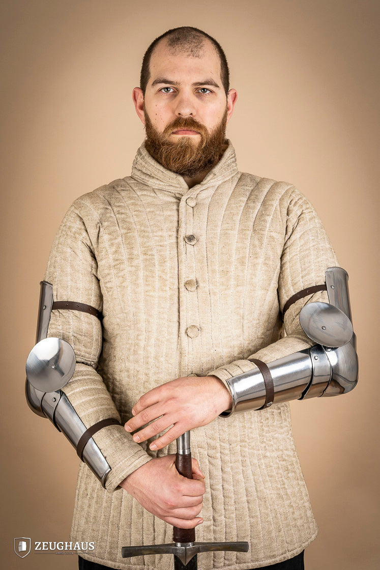 14th century polished arm armor made of 1.6mm steel, featuring intricate engravings and a robust design for historical reenactments.