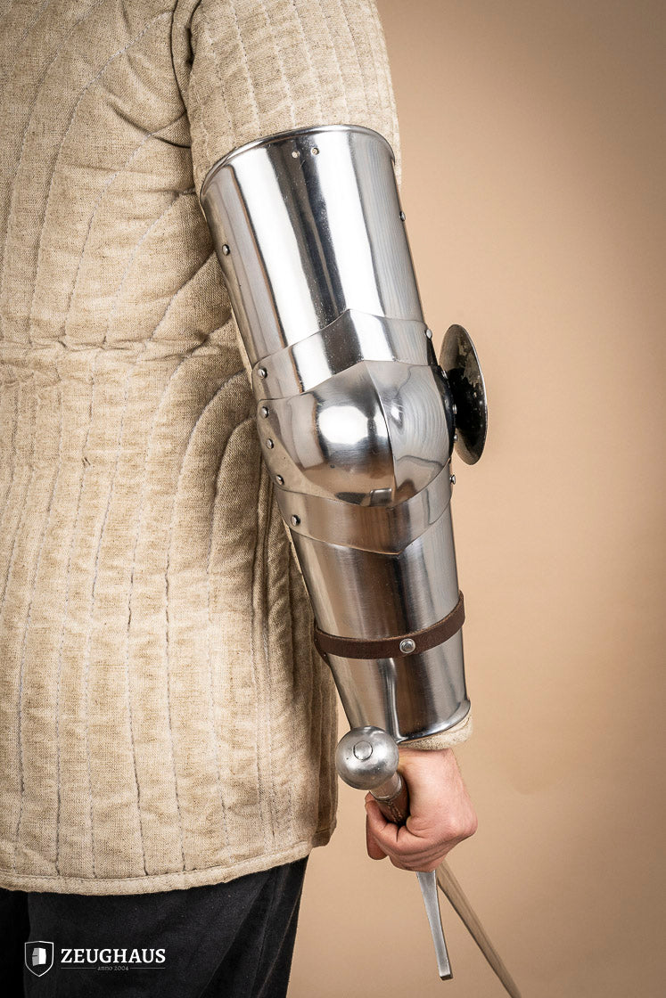 14th century polished arm armor made of 1.6mm steel, featuring intricate engravings and a robust design for historical reenactments.