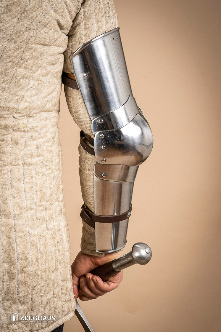 14th century polished arm armor made of 1.6mm steel, featuring intricate engravings and a robust design for historical reenactments.