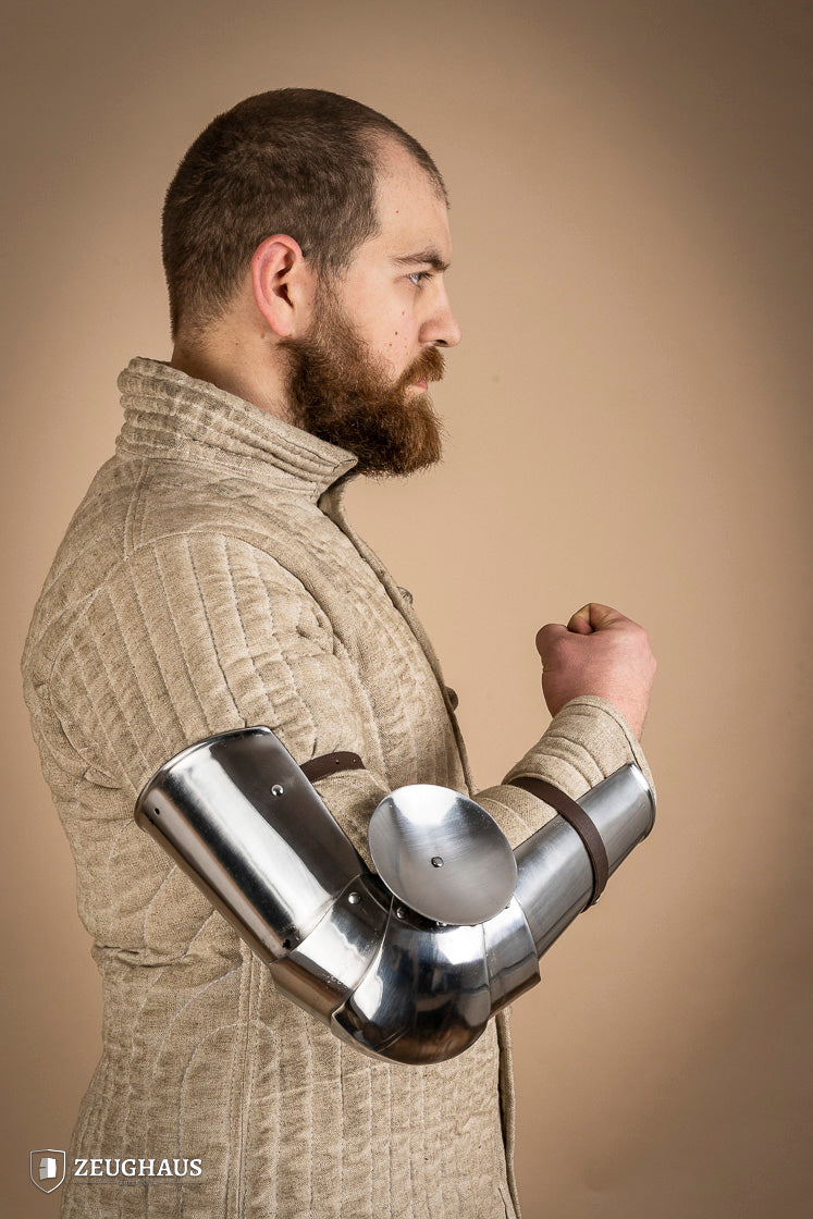 14th century polished arm armor made of 1.6mm steel, featuring intricate engravings and a robust design for historical reenactments.