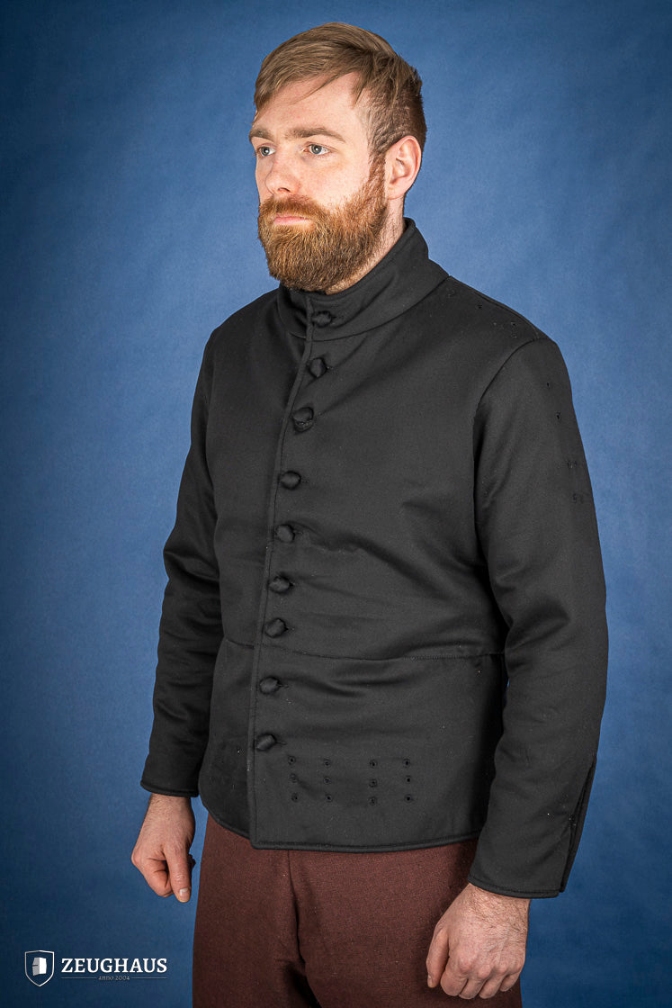 A black 15th-century style arming doublet made of cotton, featuring reinforced armholes and polyester-wool padding, ideal for historical reenactments.
