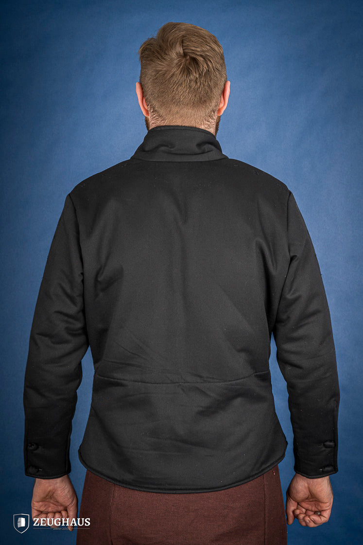A black 15th-century style arming doublet made of cotton, featuring reinforced armholes and polyester-wool padding, ideal for historical reenactments.