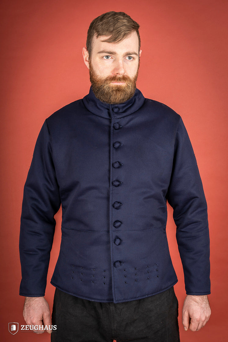 15th century-style Arming Doublet in blue, featuring reinforced armholes and comfortable padding.