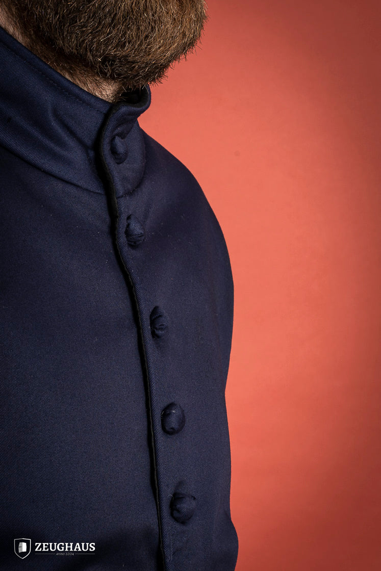 15th century-style Arming Doublet in blue, featuring reinforced armholes and comfortable padding.