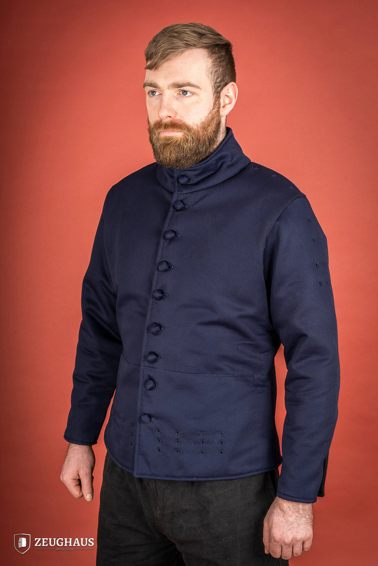 15th century-style Arming Doublet in blue, featuring reinforced armholes and comfortable padding.