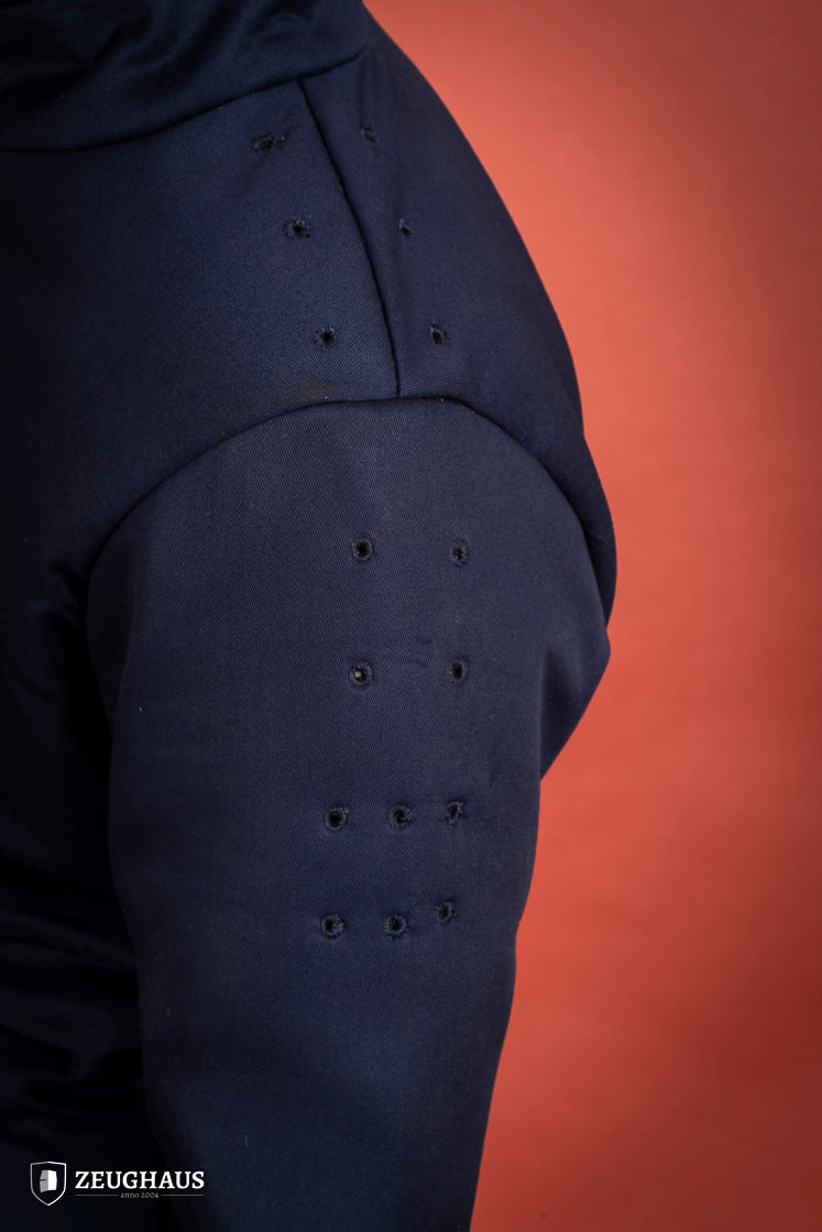15th century-style Arming Doublet in blue, featuring reinforced armholes and comfortable padding.