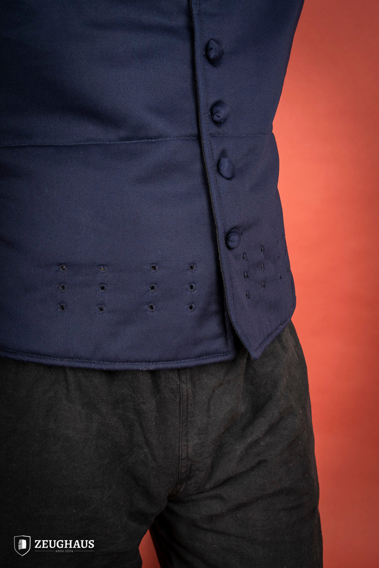 15th century-style Arming Doublet in blue, featuring reinforced armholes and comfortable padding.